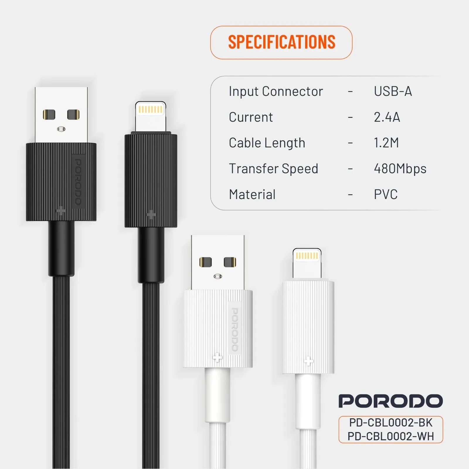 {PDCBL0002WH} Porodo USB A to Lightning PVC Cable 1.2m - White