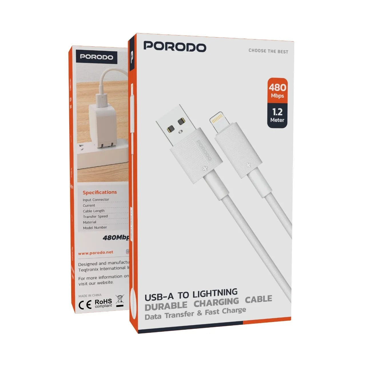 {PDCBL0002WH} Porodo USB A to Lightning PVC Cable 1.2m - White