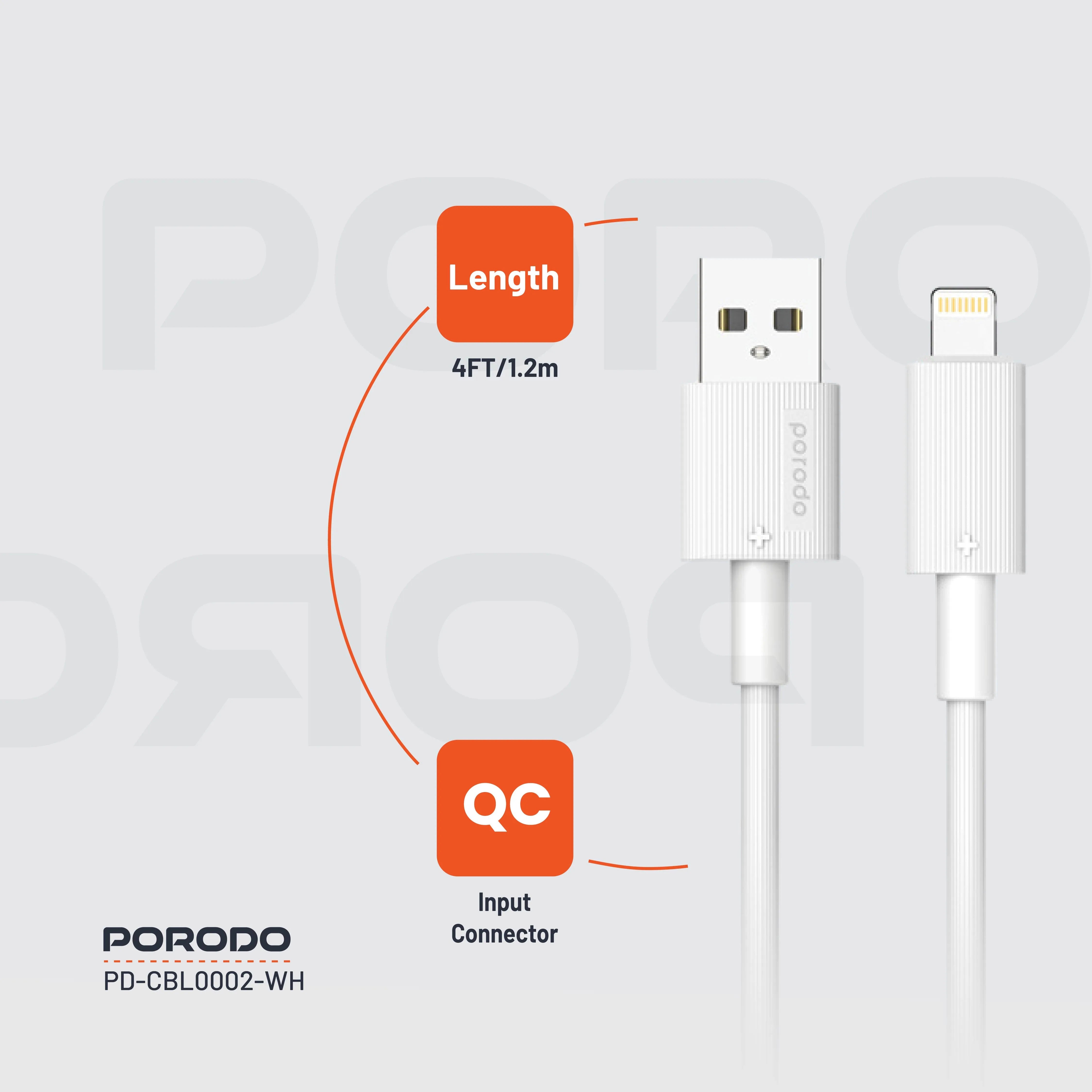 {PDCBL0002WH} Porodo USB A to Lightning PVC Cable 1.2m - White