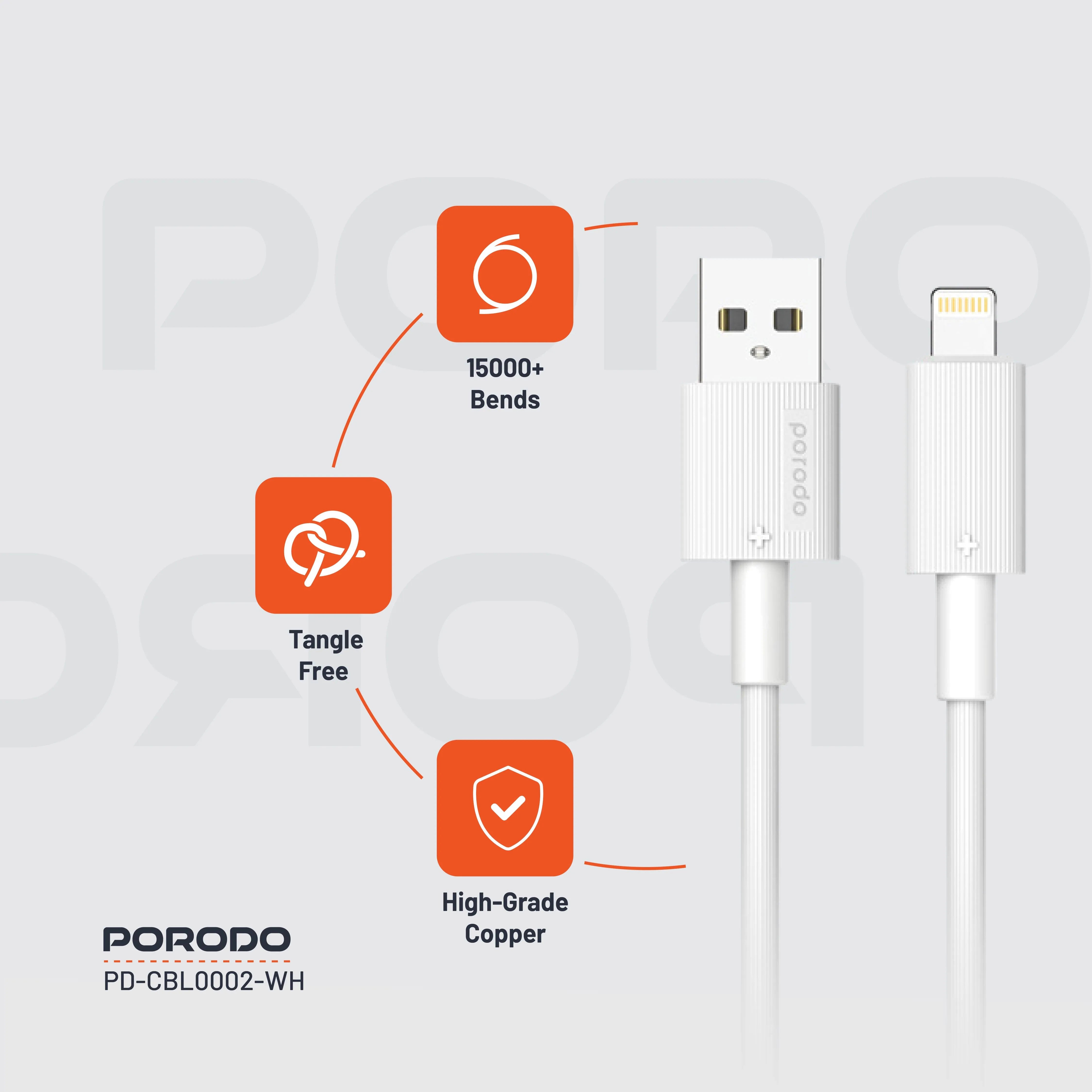 {PDCBL0002WH} Porodo USB A to Lightning PVC Cable 1.2m - White