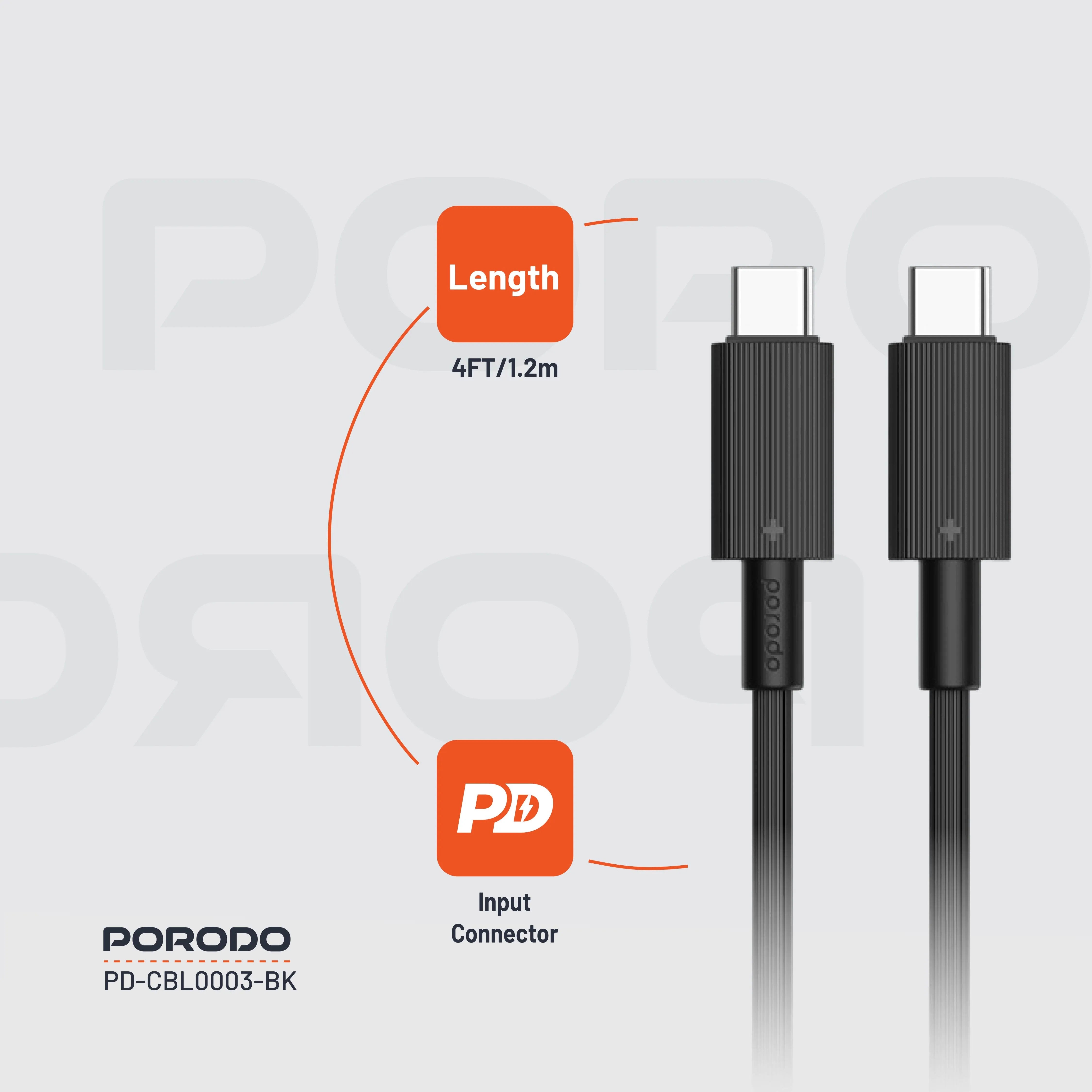 {PDCBL0003BK} Porodo Type-C to C PVC Cable 1.2m - Black