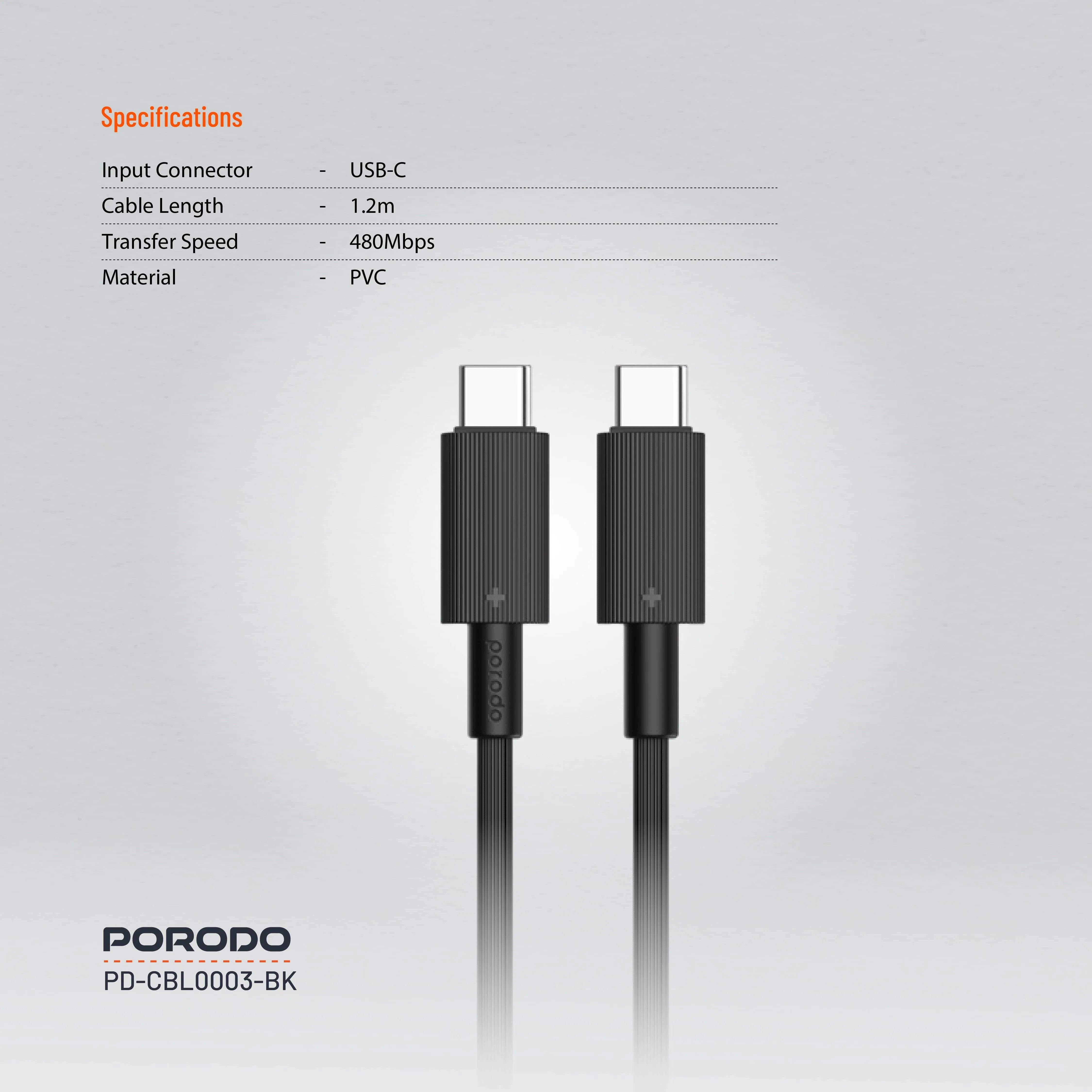 {PDCBL0003BK} Porodo Type-C to C PVC Cable 1.2m - Black
