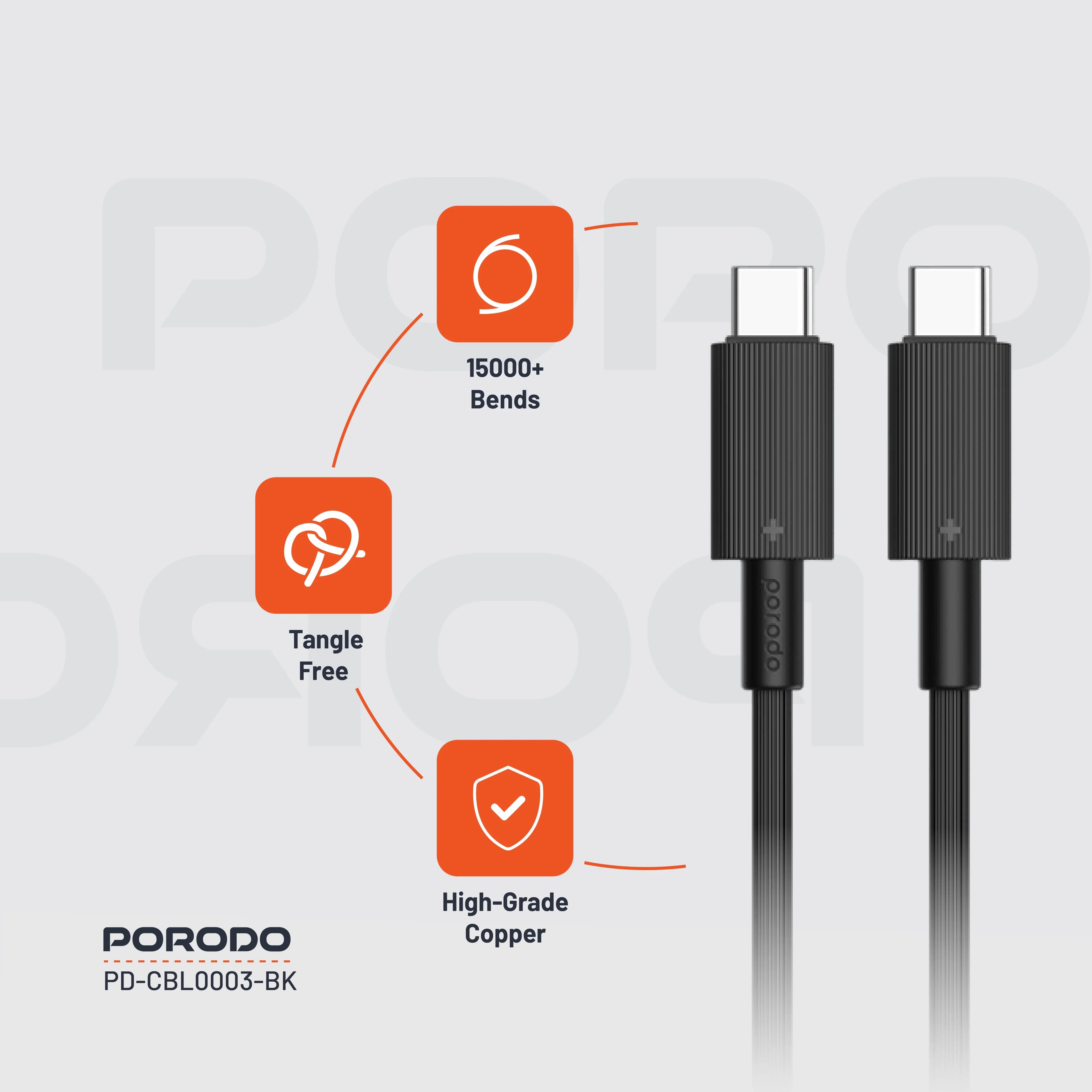 {PDCBL0003BK} Porodo Type-C to C PVC Cable 1.2m - Black