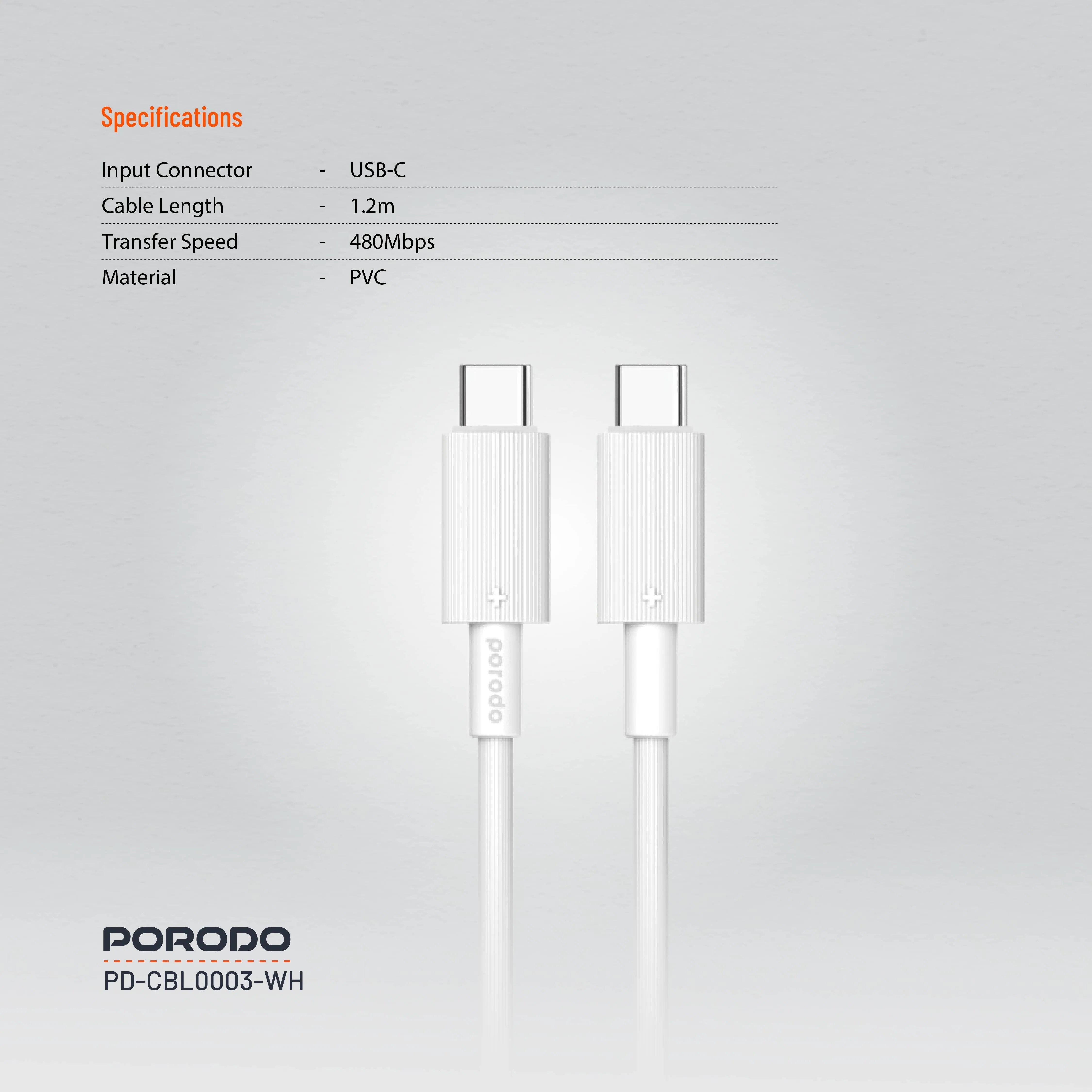 {PDCBL0003WH} Porodo Type-C to C PVC Cable 1.2m - White