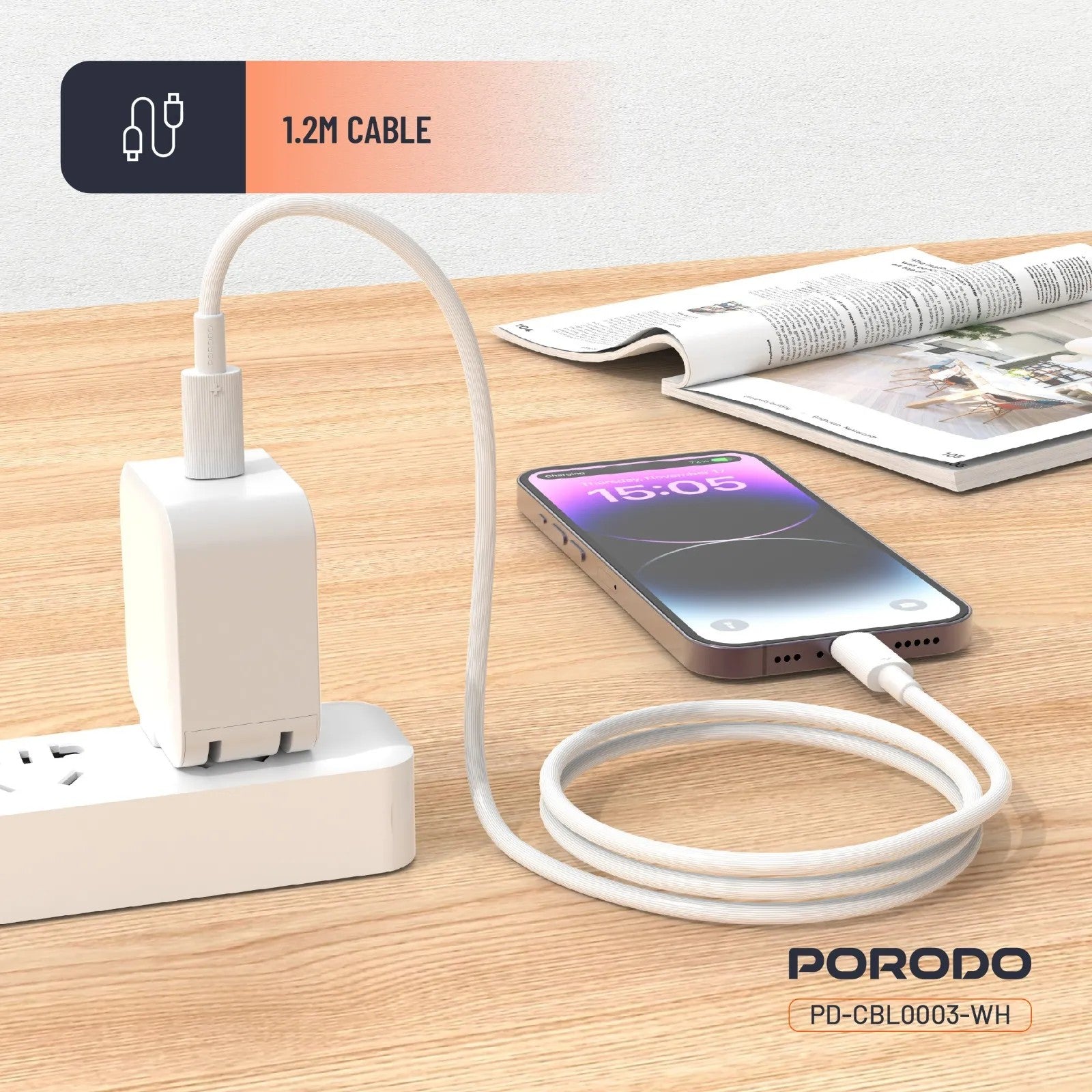 {PDCBL0003WH} Porodo Type-C to C PVC Cable 1.2m - White