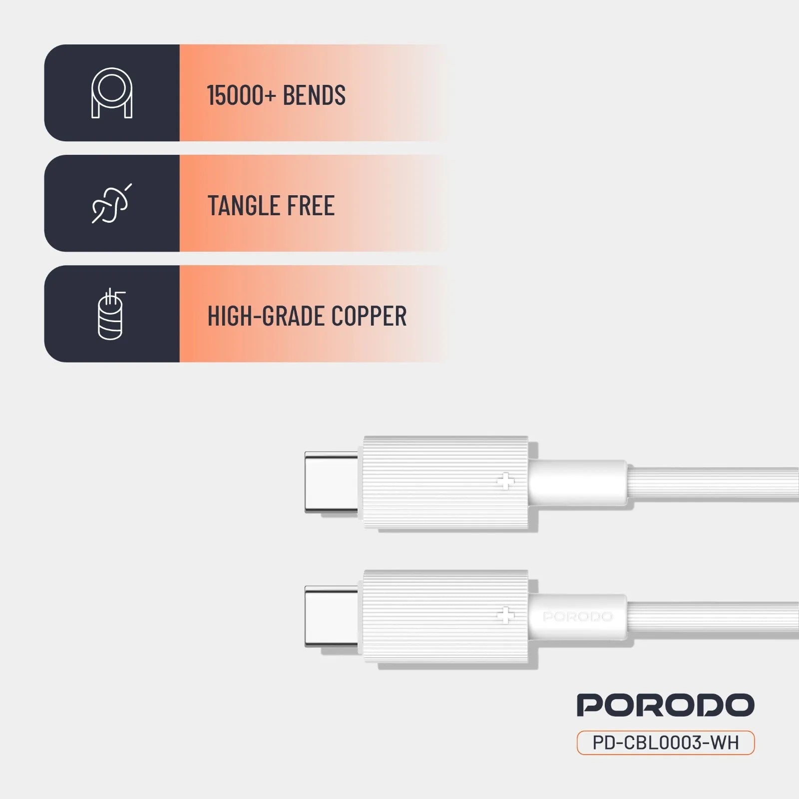 {PDCBL0003WH} Porodo Type-C to C PVC Cable 1.2m - White