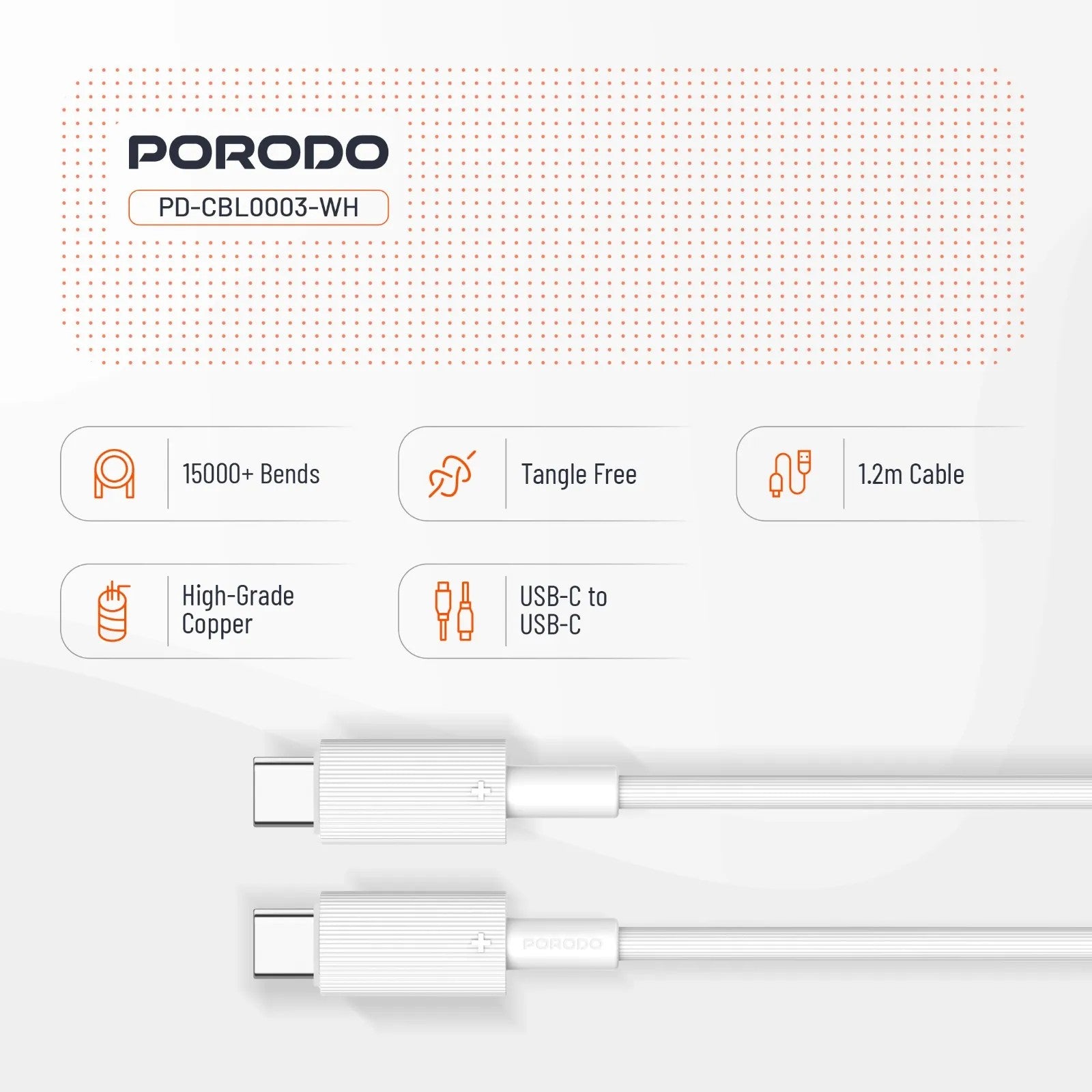 {PDCBL0003WH} Porodo Type-C to C PVC Cable 1.2m - White