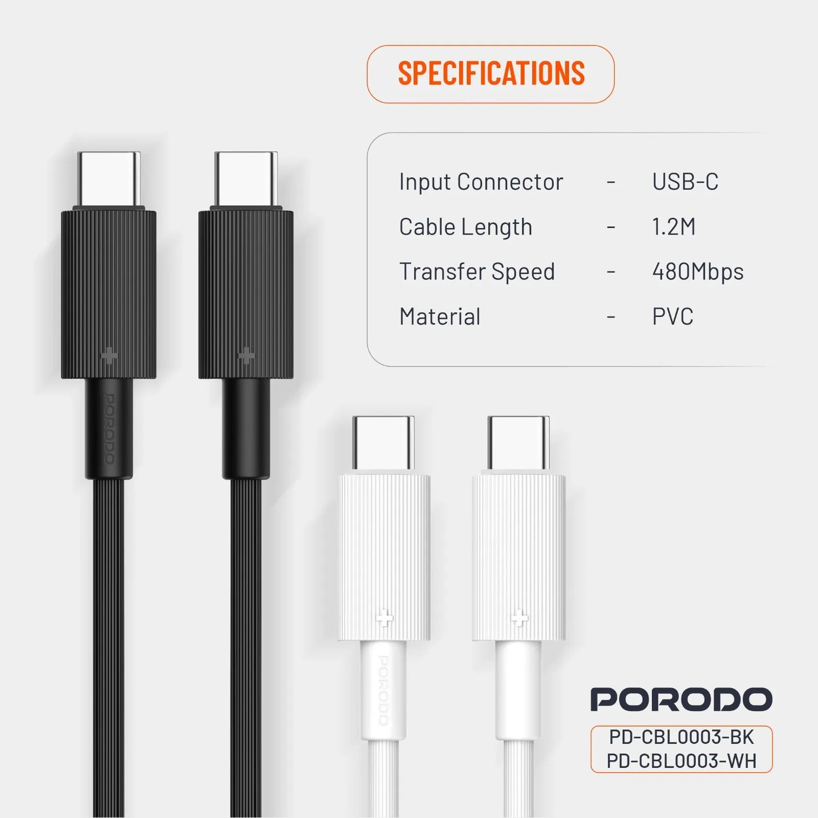 {PDCBL0003WH} Porodo Type-C to C PVC Cable 1.2m - White