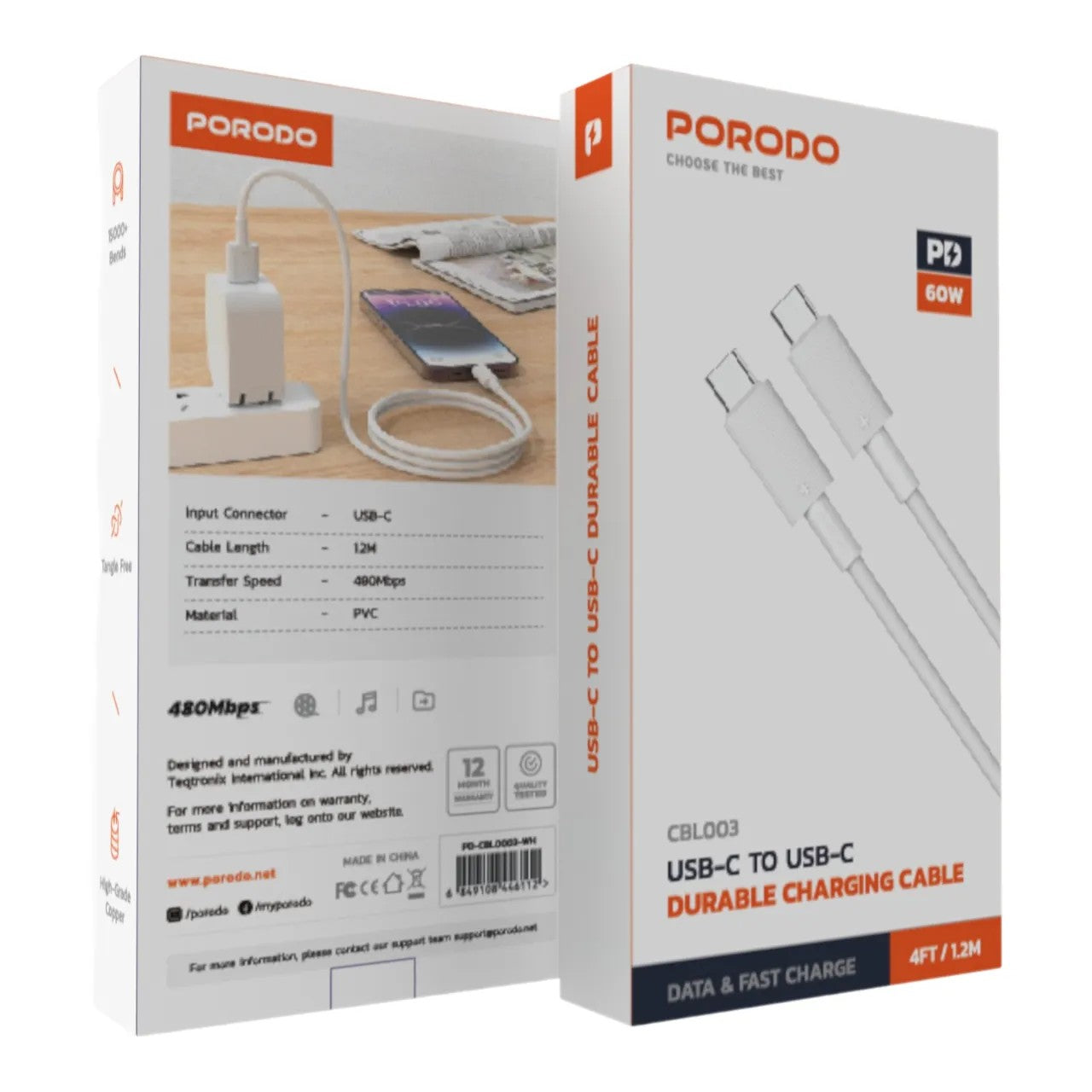 {PDCBL0003WH} Porodo Type-C to C PVC Cable 1.2m - White