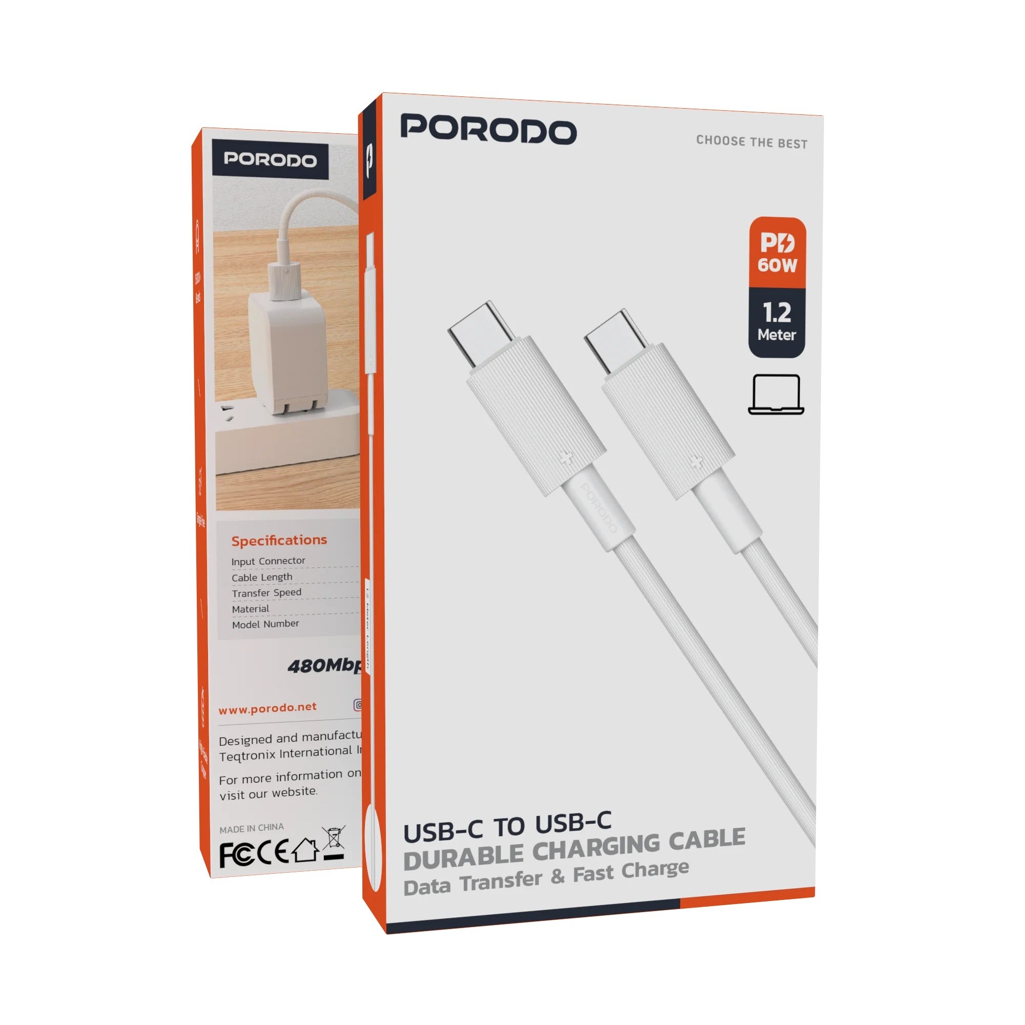 {PDCBL0003WH} Porodo Type-C to C PVC Cable 1.2m - White