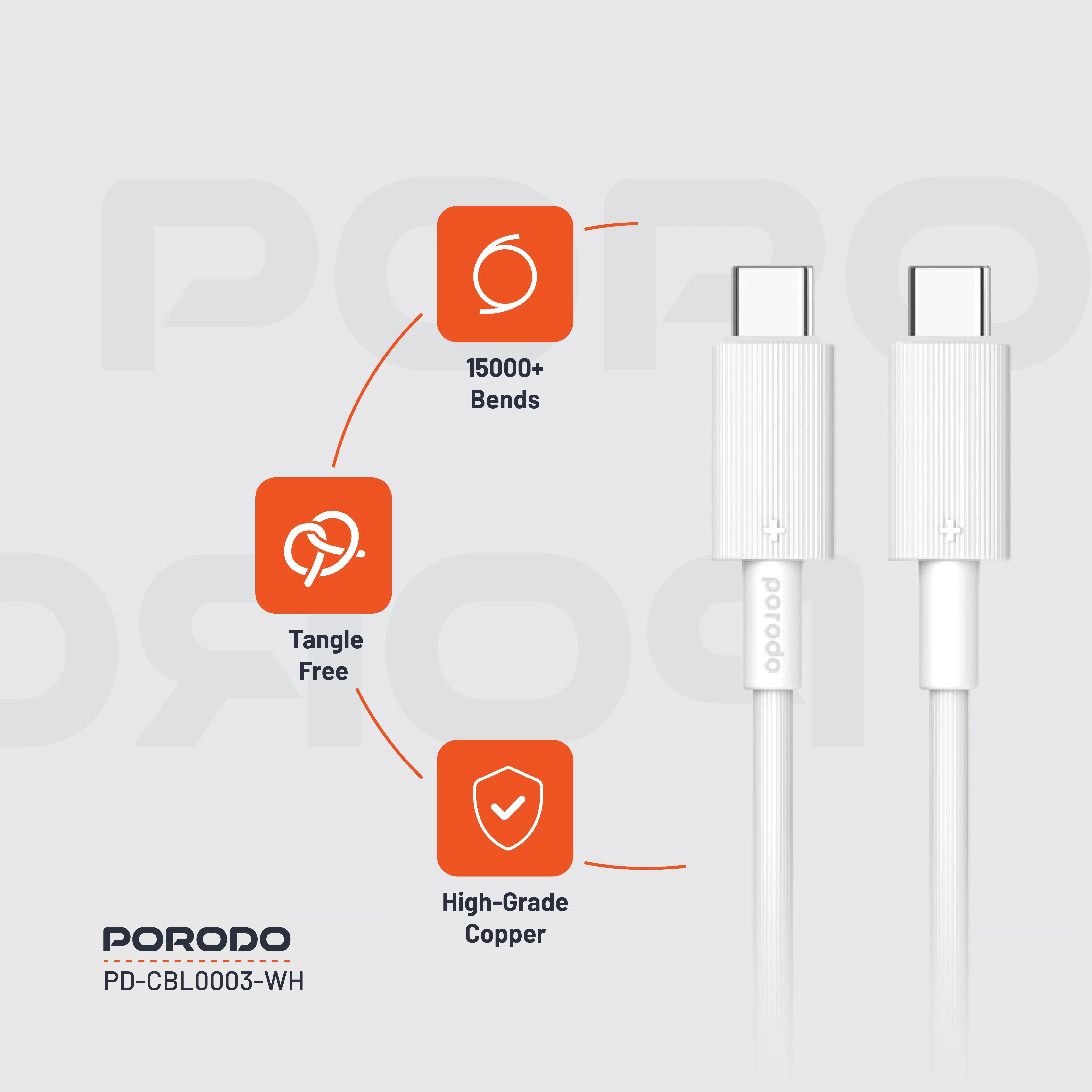 {PDCBL0003WH} Porodo Type-C to C PVC Cable 1.2m - White