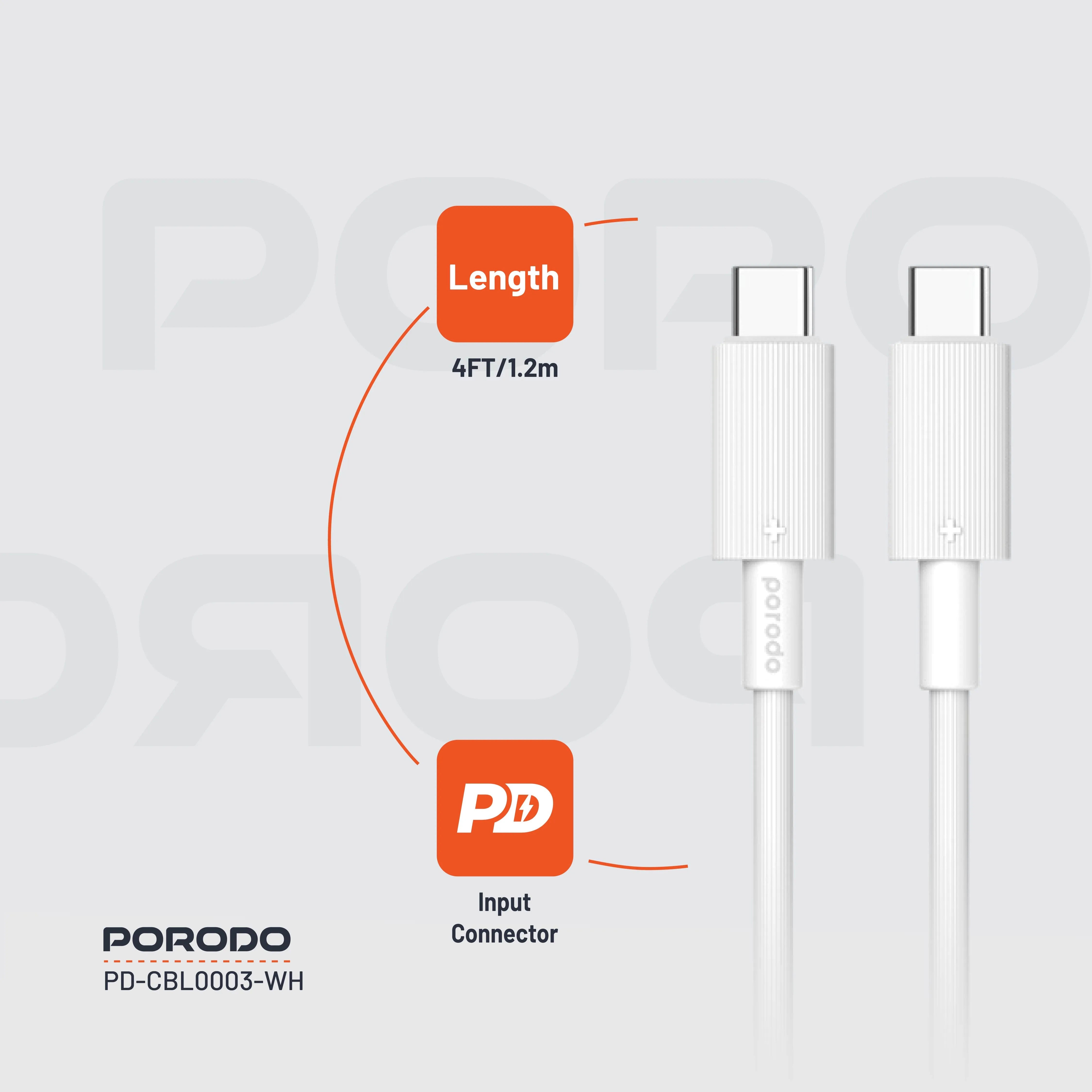 {PDCBL0003WH} Porodo Type-C to C PVC Cable 1.2m - White