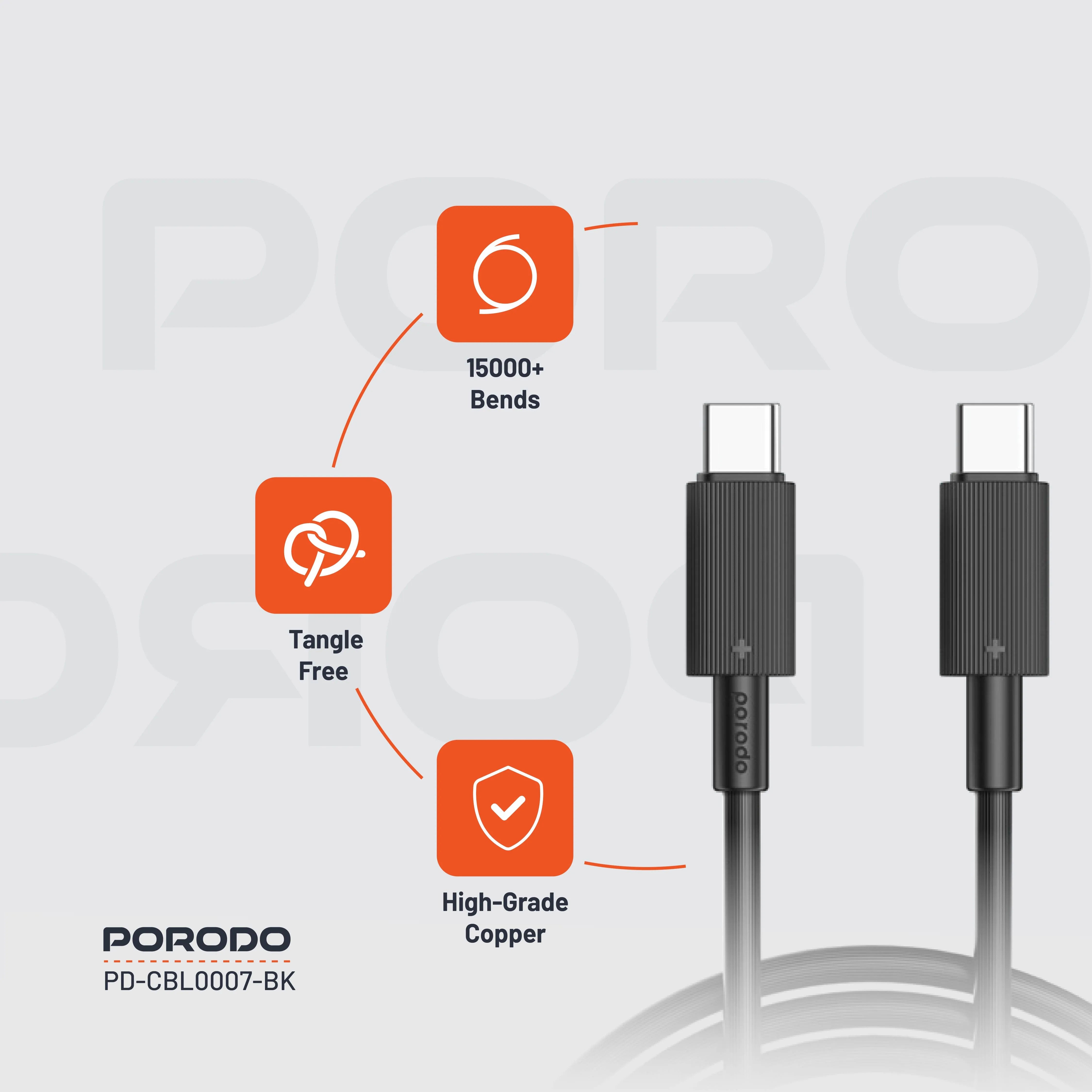 {PDCBL0007BK} Porodo Type-C to C PVC Cable 3m - Black