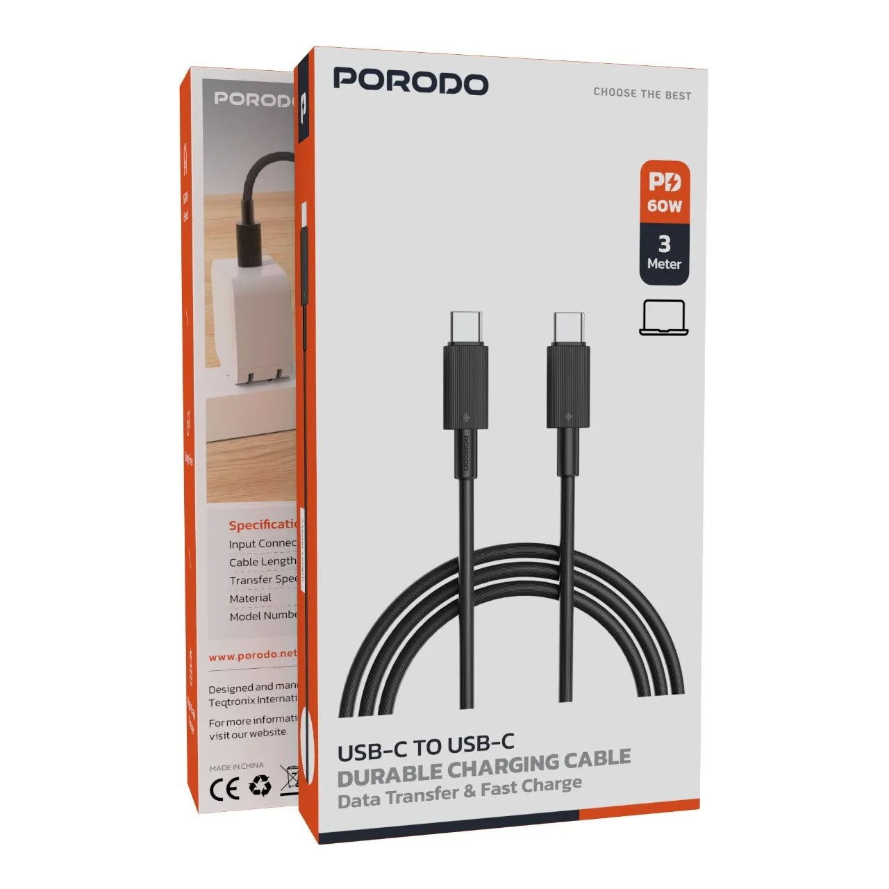 {PDCBL0007BK} Porodo Type-C to C PVC Cable 3m - Black