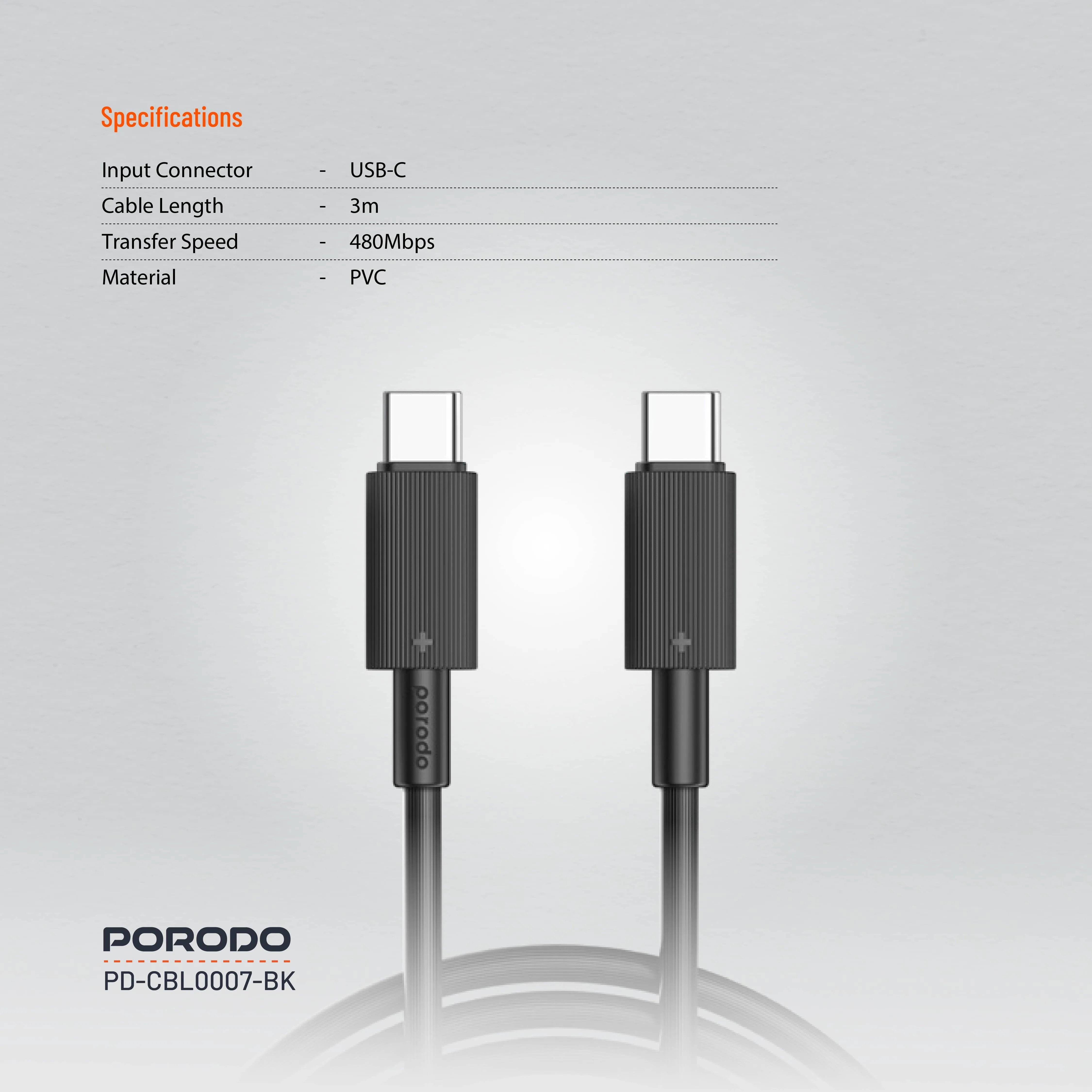 {PDCBL0007BK} Porodo Type-C to C PVC Cable 3m - Black