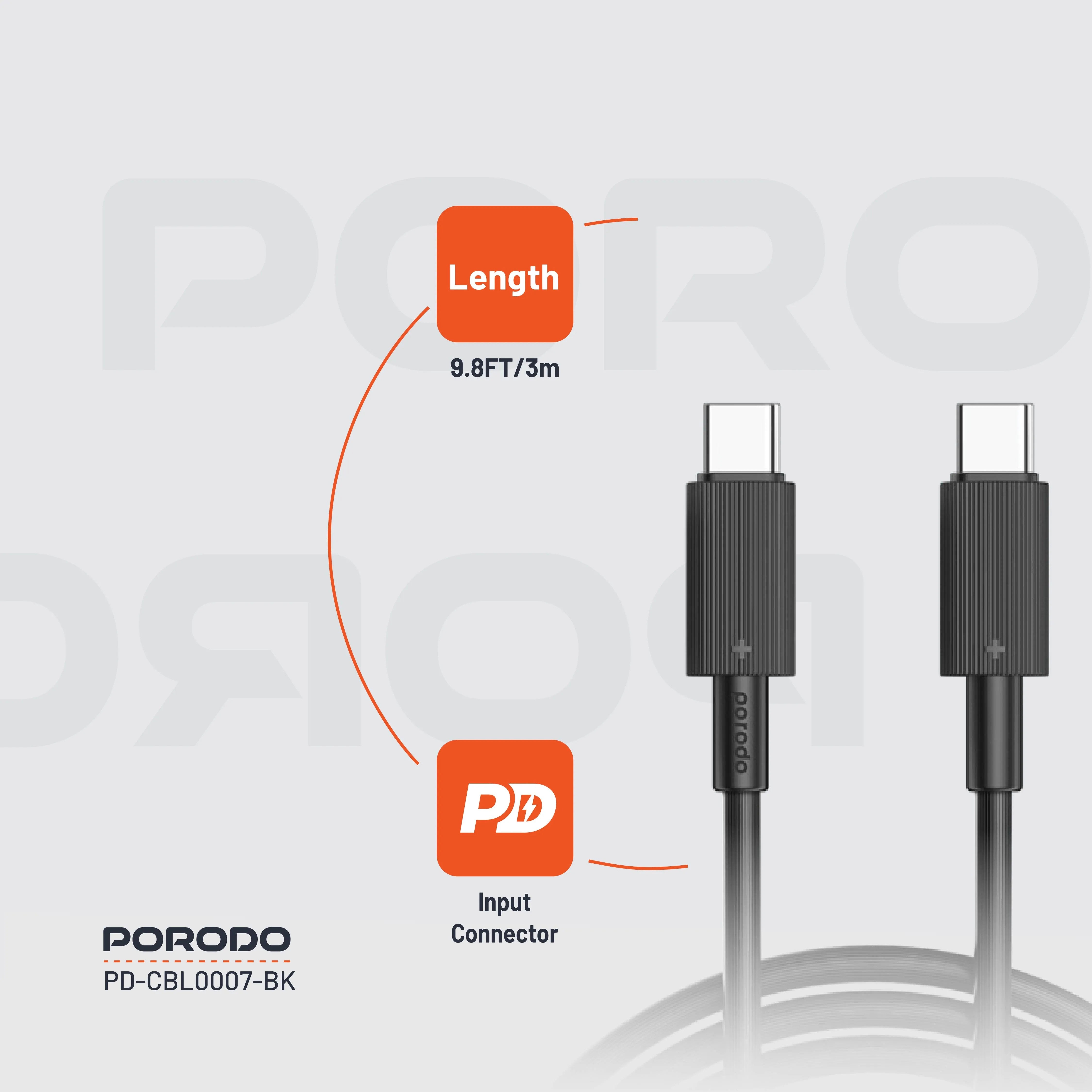 {PDCBL0007BK} Porodo Type-C to C PVC Cable 3m - Black