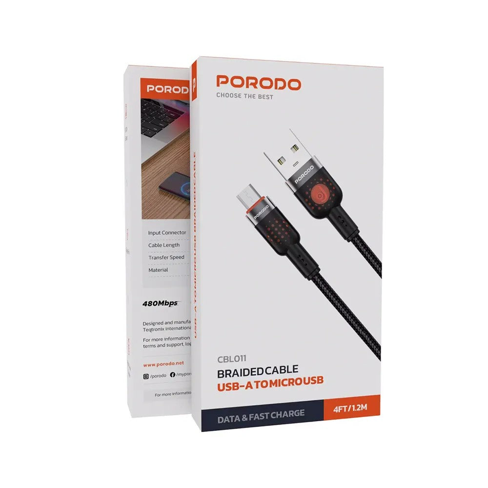 {PDCBL0011BK} Porodo Alum. Alloy Braided Cable USB to Micro 1.2m - Black