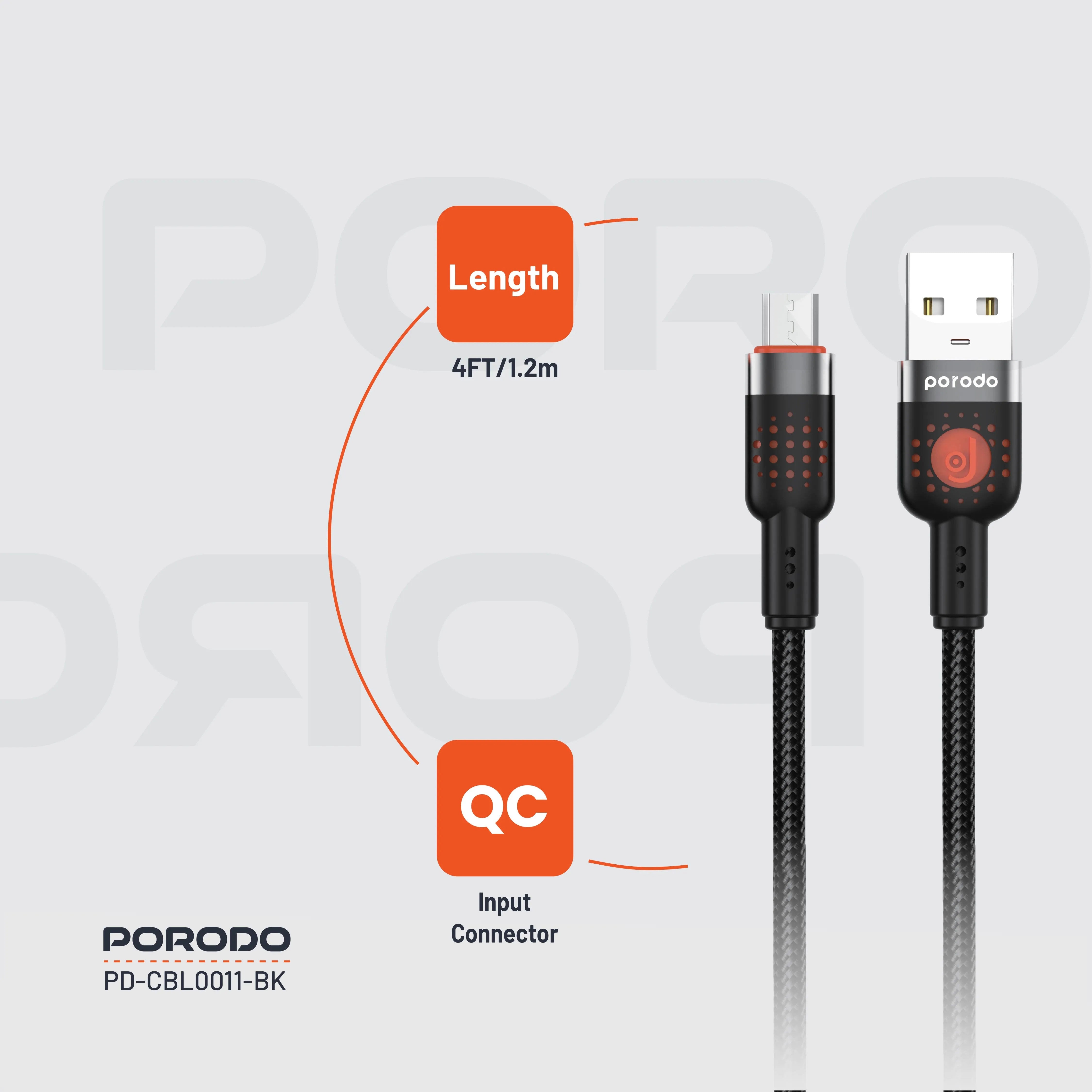 {PDCBL0011BK} Porodo Alum. Alloy Braided Cable USB to Micro 1.2m - Black
