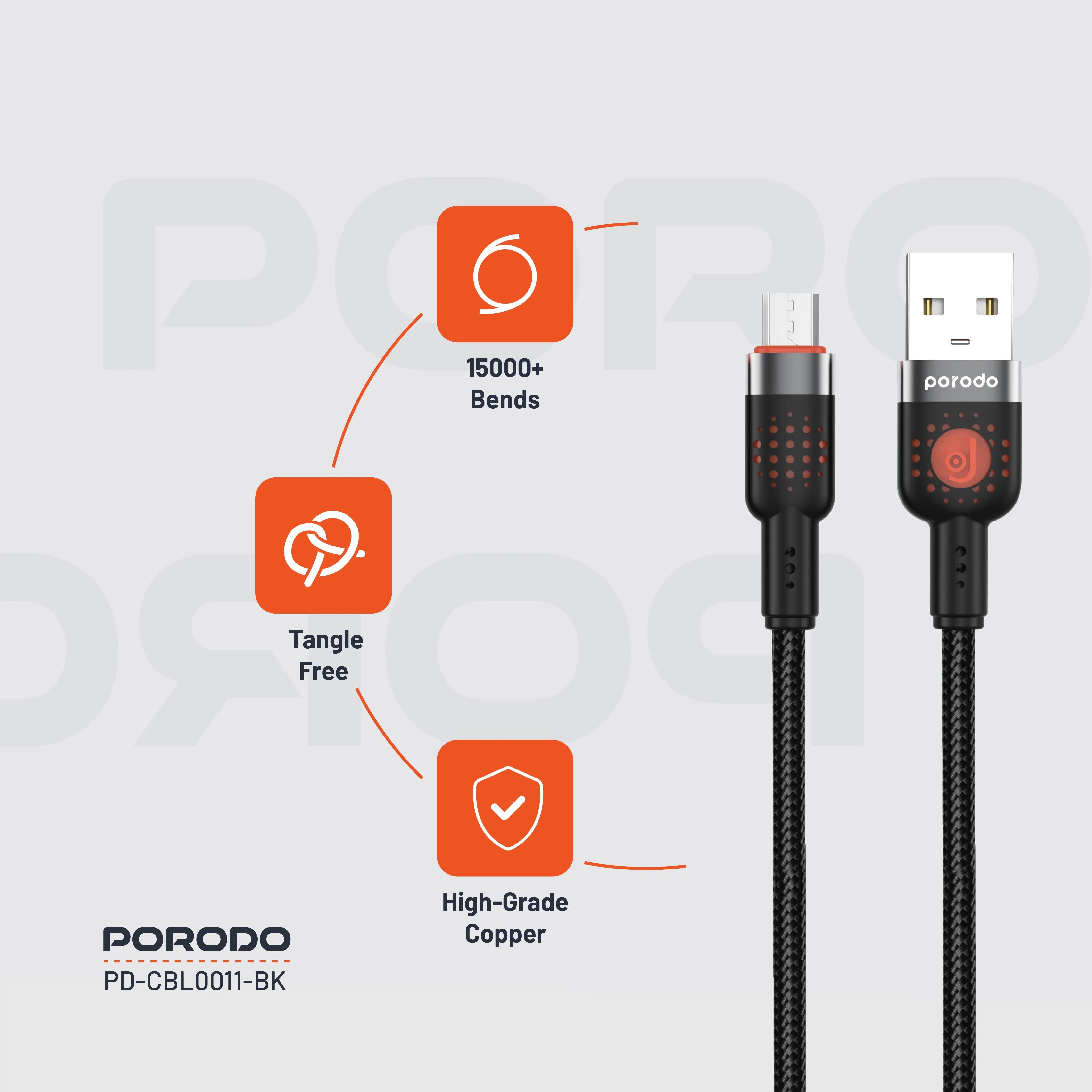 {PDCBL0011BK} Porodo Alum. Alloy Braided Cable USB to Micro 1.2m - Black
