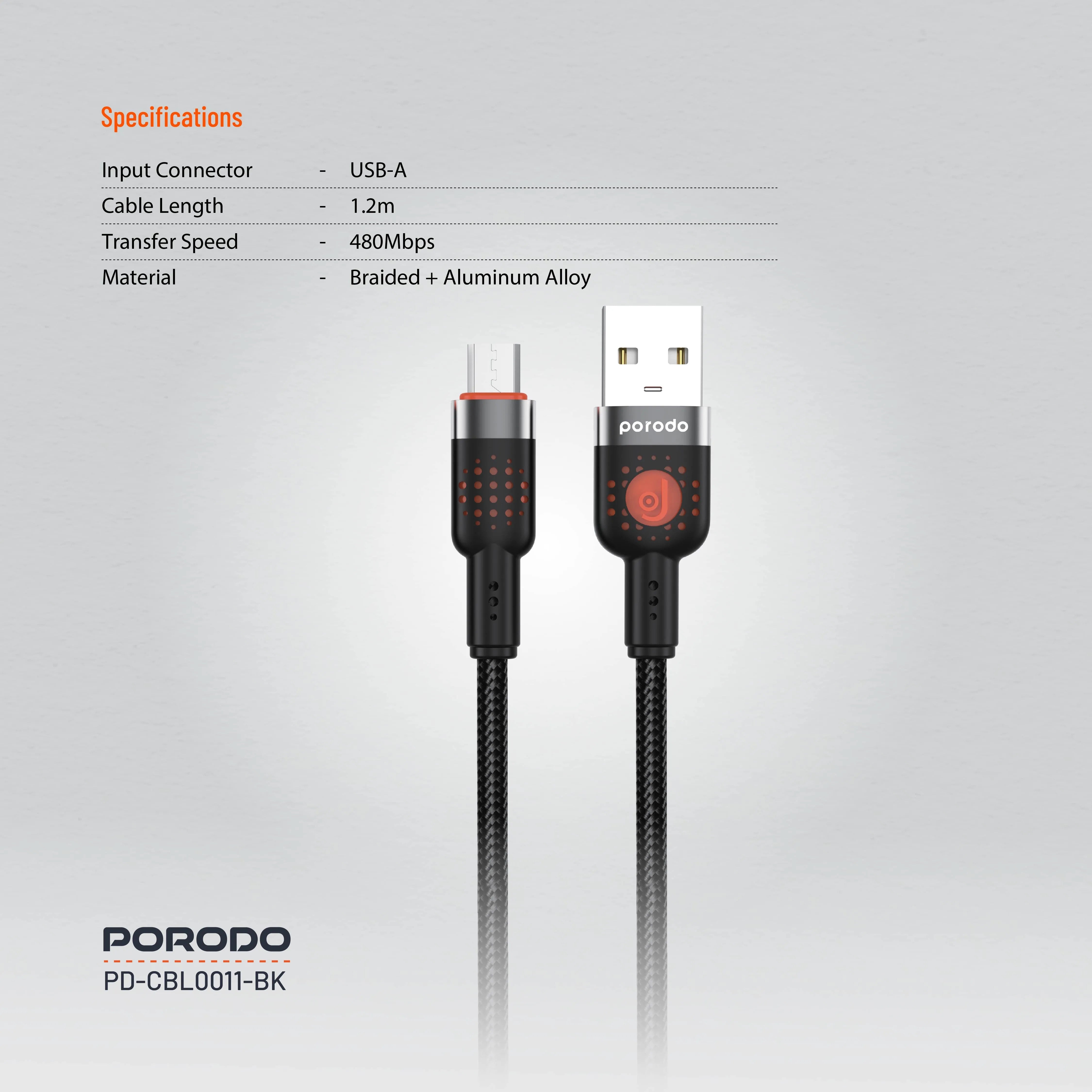 {PDCBL0011BK} Porodo Alum. Alloy Braided Cable USB to Micro 1.2m - Black