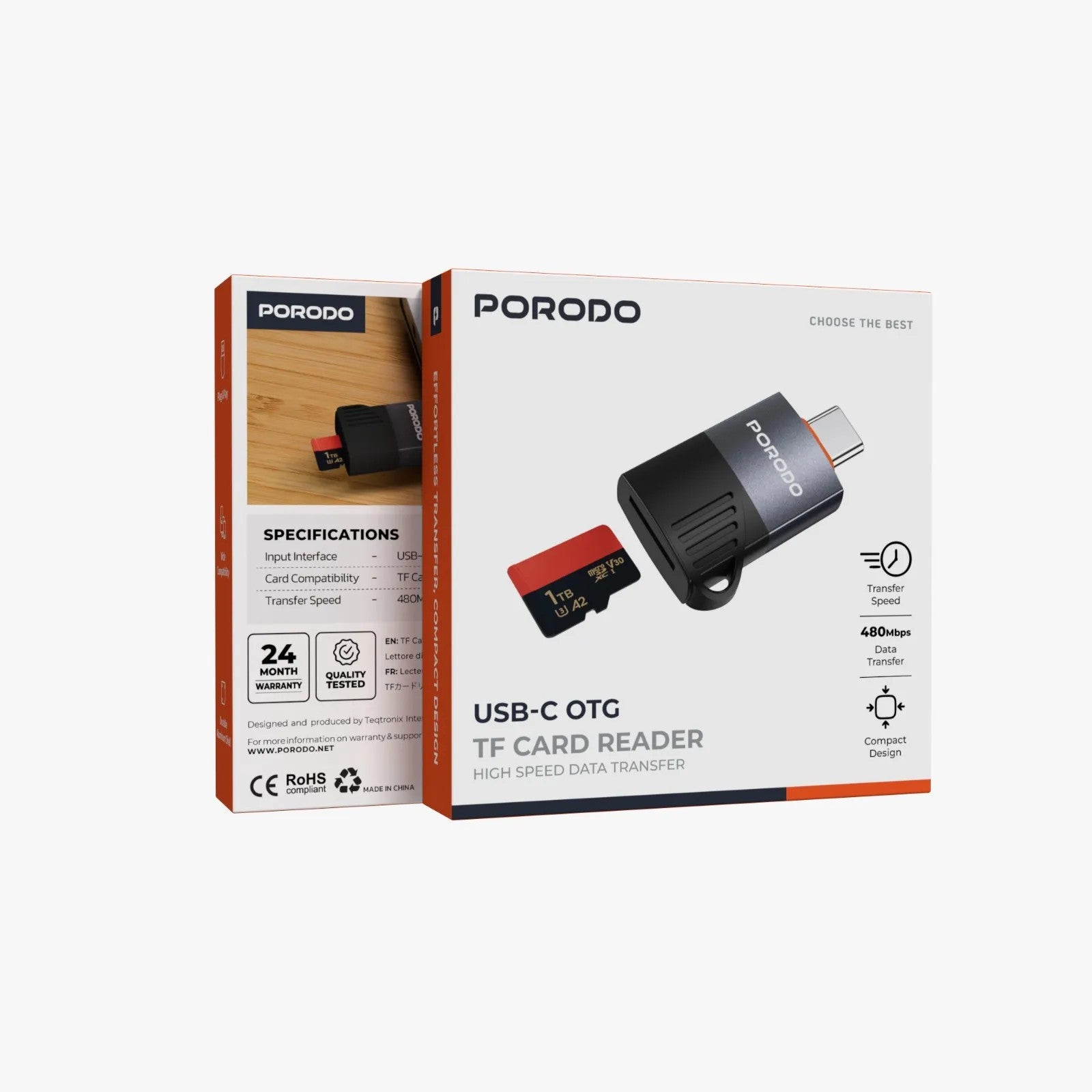 {PDETK18BK} Porodo USB-C OTG TF Card Reader - Black