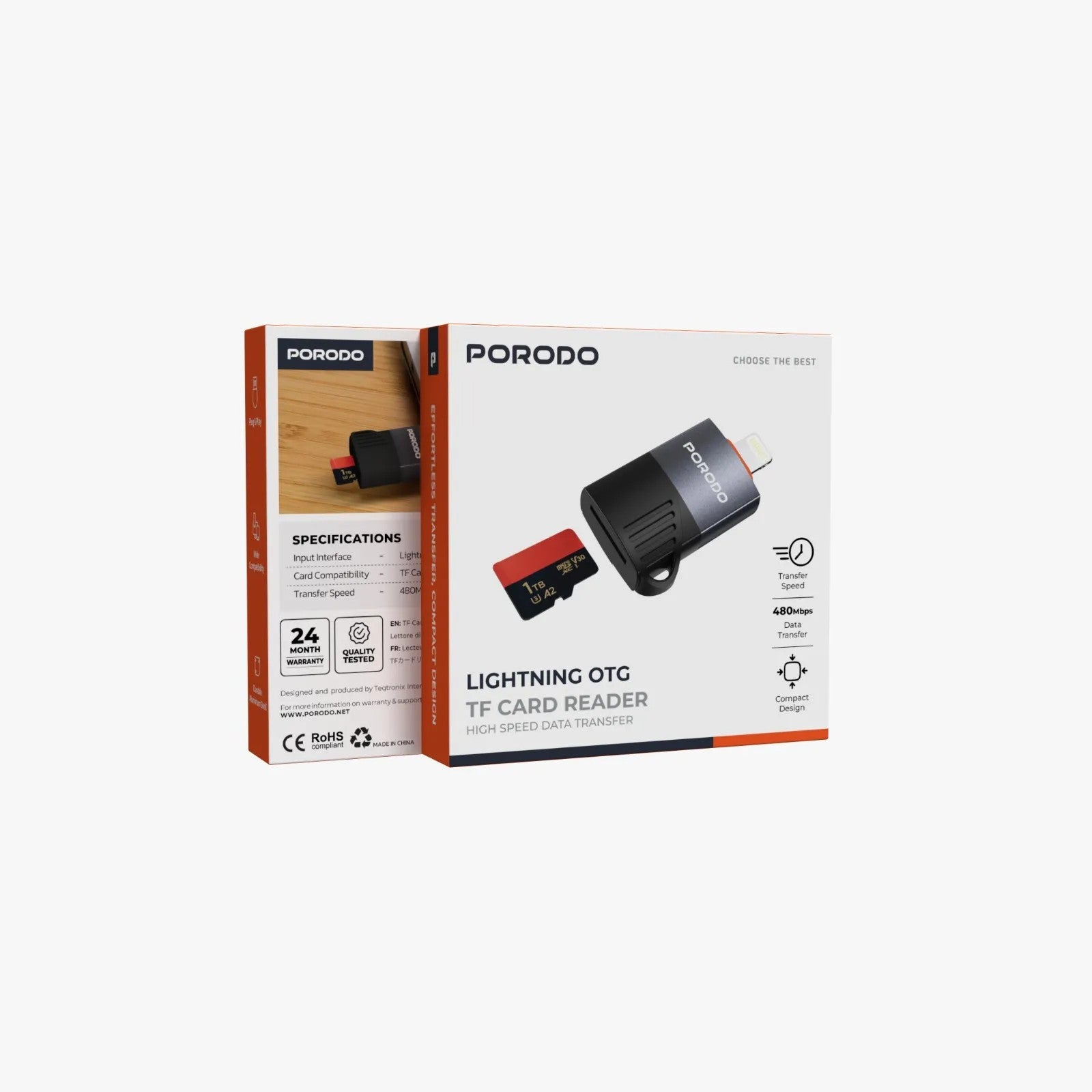 {PDETK19BK} Porodo Lightning OTG TF Card Reader - Black