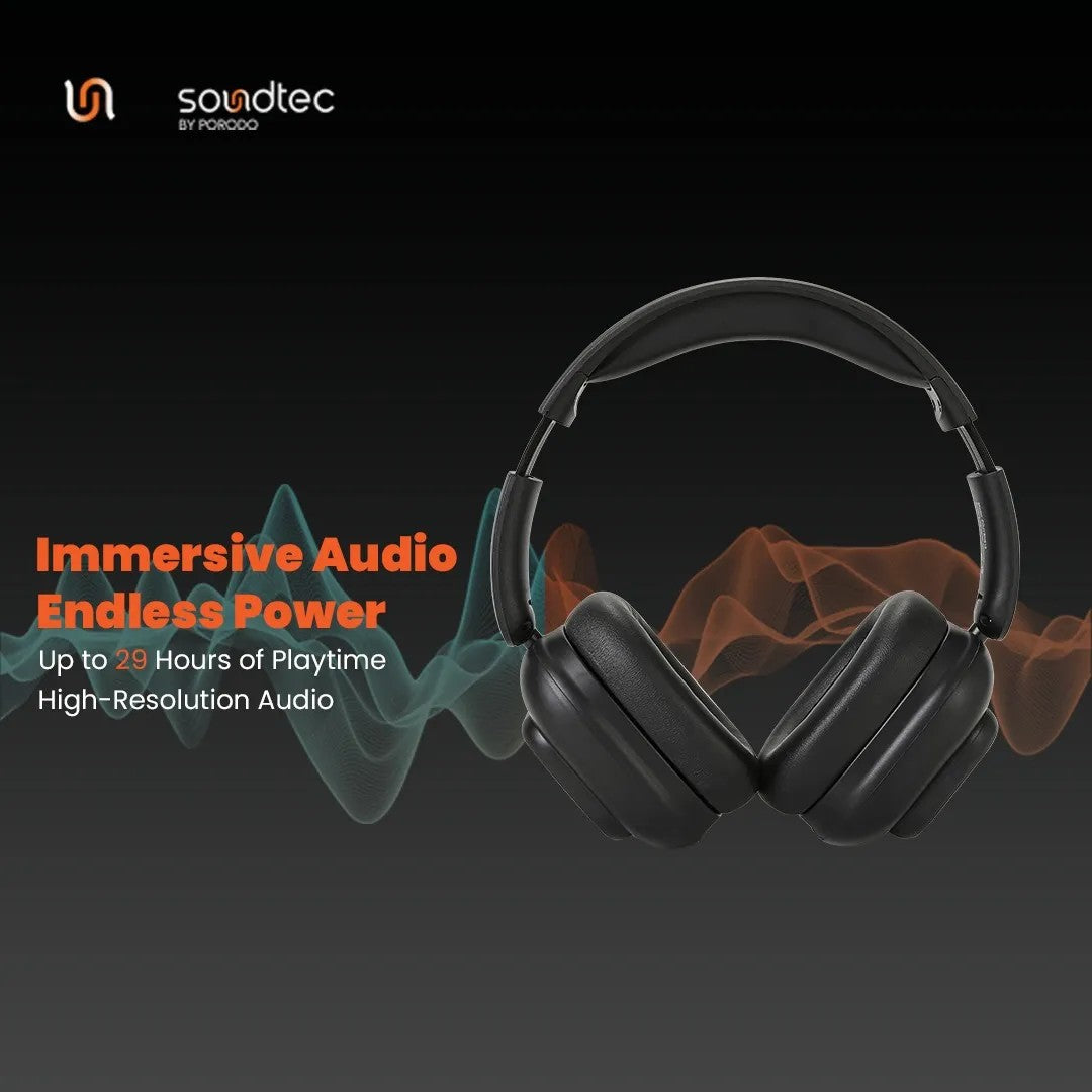 {PDJYBN618BK} PORODO SOUNDTEC 300mAh ANC HEADPHONE WITH REMOVABLE MAGNETIC TOUCH SCREEN -BLACK