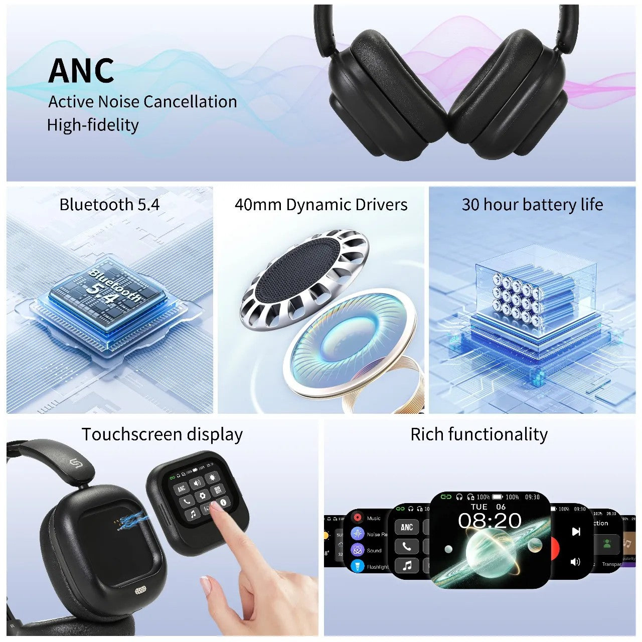{PDJYBN618BK} PORODO SOUNDTEC 300mAh ANC HEADPHONE WITH REMOVABLE MAGNETIC TOUCH SCREEN -BLACK