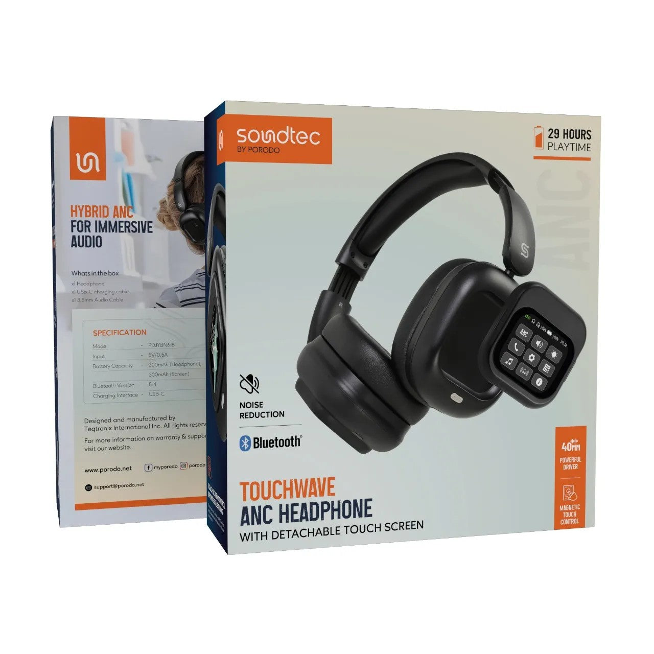 {PDJYBN618BK} PORODO SOUNDTEC 300mAh ANC HEADPHONE WITH REMOVABLE MAGNETIC TOUCH SCREEN -BLACK