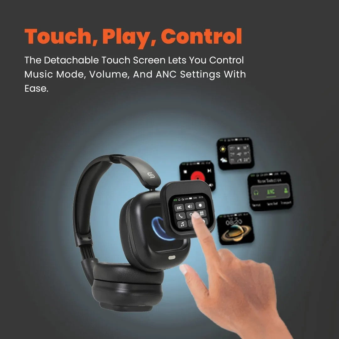 {PDJYBN618BK} PORODO SOUNDTEC 300mAh ANC HEADPHONE WITH REMOVABLE MAGNETIC TOUCH SCREEN -BLACK