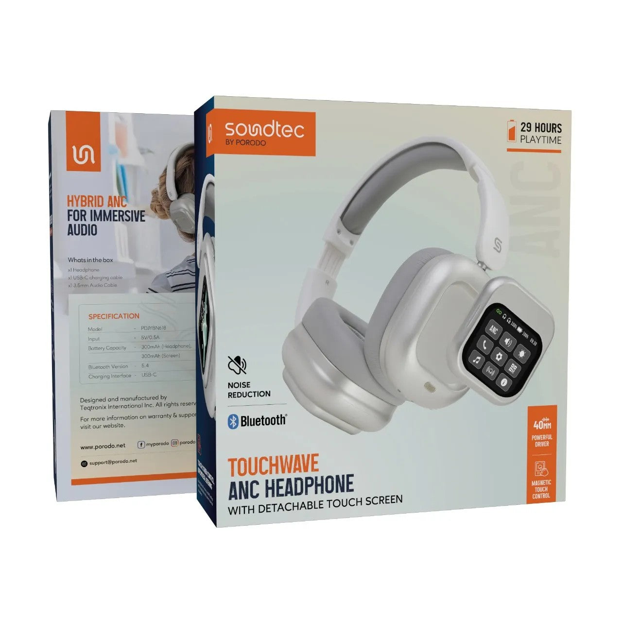 {PDJYBN618WH} PORODO SOUNDTEC 300mAh ANC HEADPHONE WITH REMOVABLE MAGNETIC TOUCH SCREEN -WHITE