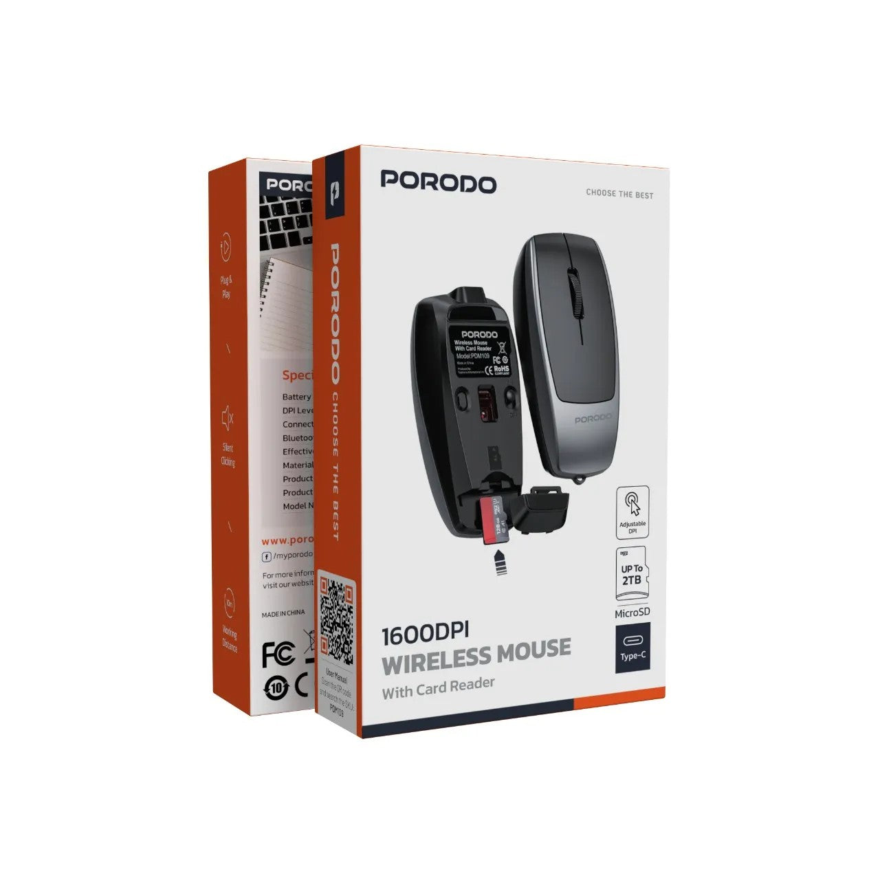 {PDM109BK} Porodo Bluetooth Mouse with Card Reader+Type-C Charging - Black