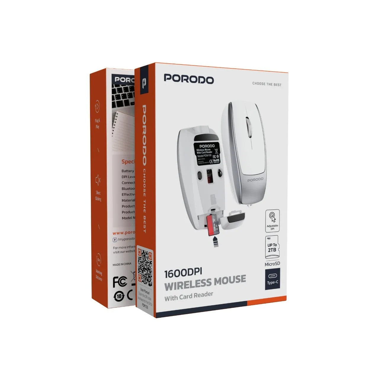 {PDM109SL} Porodo Bluetooth Mouse with Card Reader+Type-C Charging - Silver