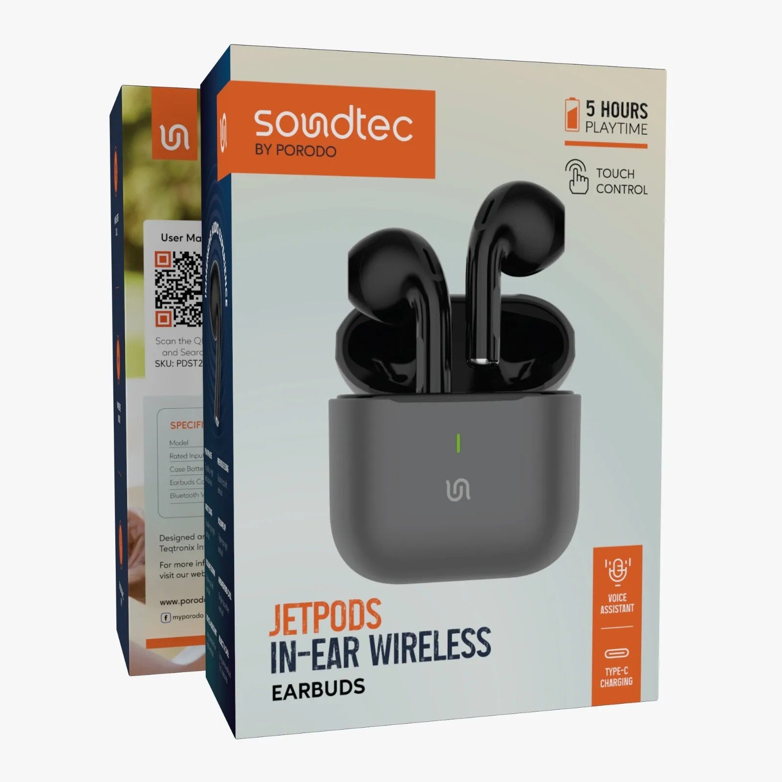 {PDST2232ZK1} Porodo Soundtec Jetpods In-Ear Wireless Earbuds - Black