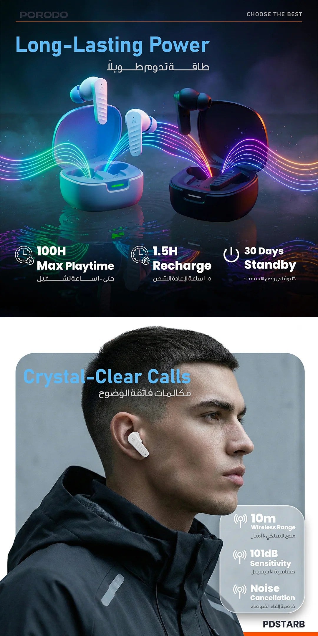 {PDSTARBWH} Porodo Soundtec 300 mAh Air Buds - White