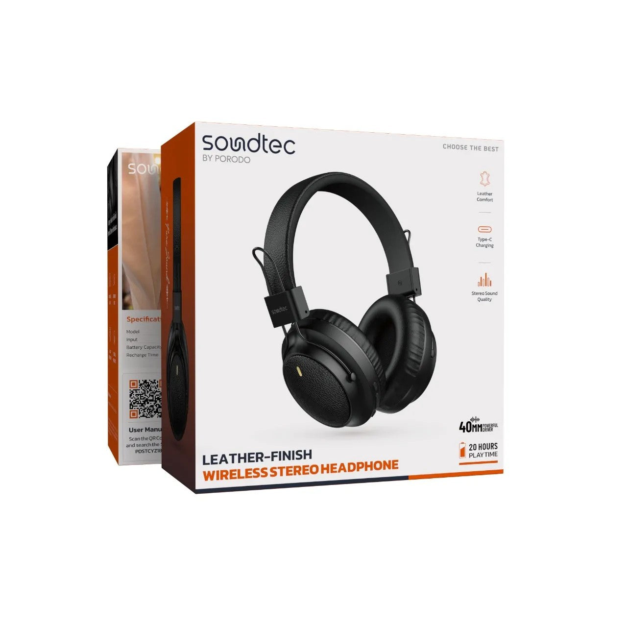{PDSTCYZ18BK} Porodo Soundtec 400mAh Bluetooth Headphone With Leather Finish - Black