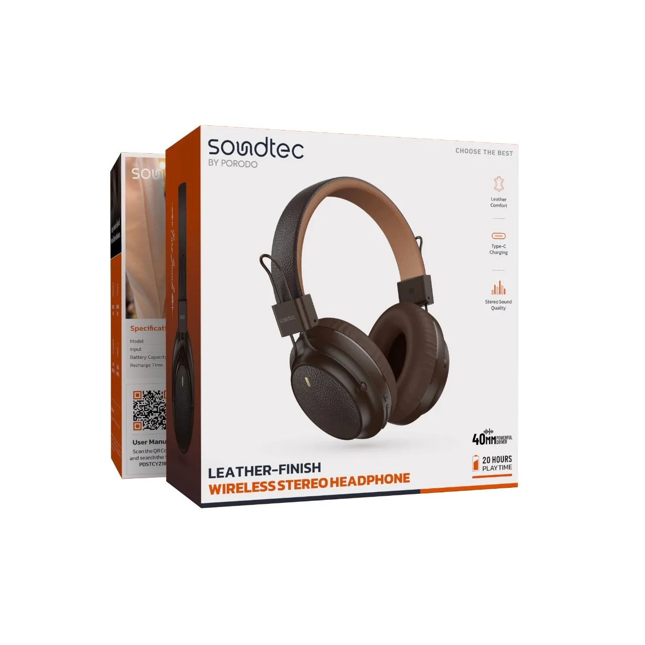 {PDSTCYZ18BR} Porodo Soundtec 400mAh Bluetooth Headphone With Leather Finish - Brown