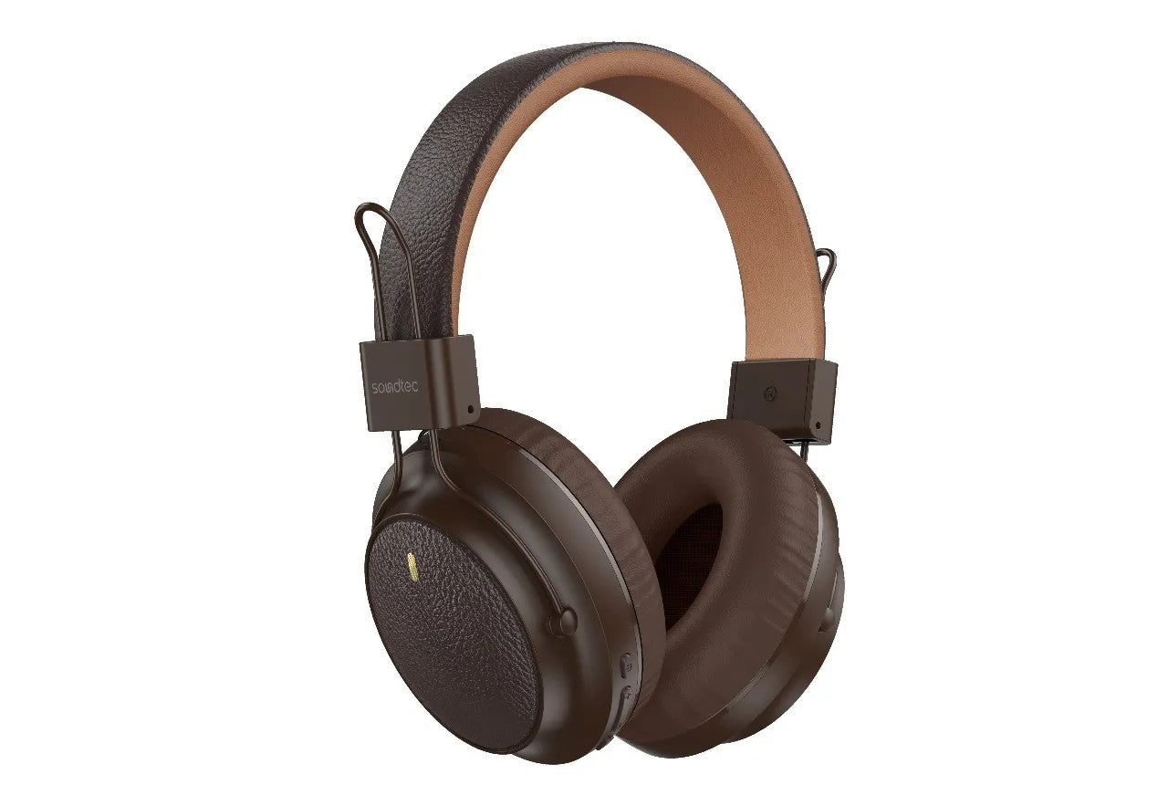 {PDSTCYZ18BR} Porodo Soundtec 400mAh Bluetooth Headphone With Leather Finish - Brown