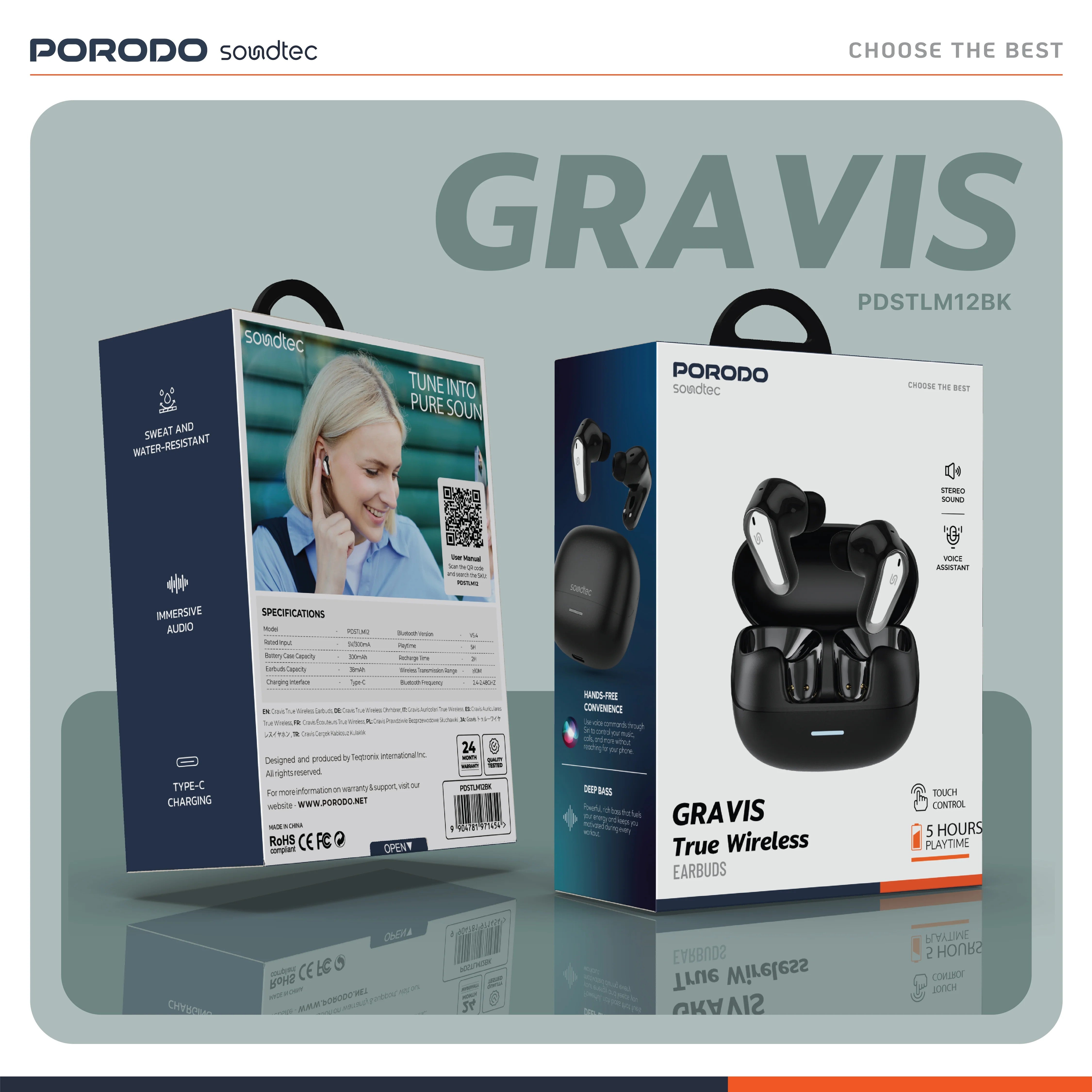 {PDSTLM12BK} Porodo Soundtec Gravis True Wireless Earbuds - Black