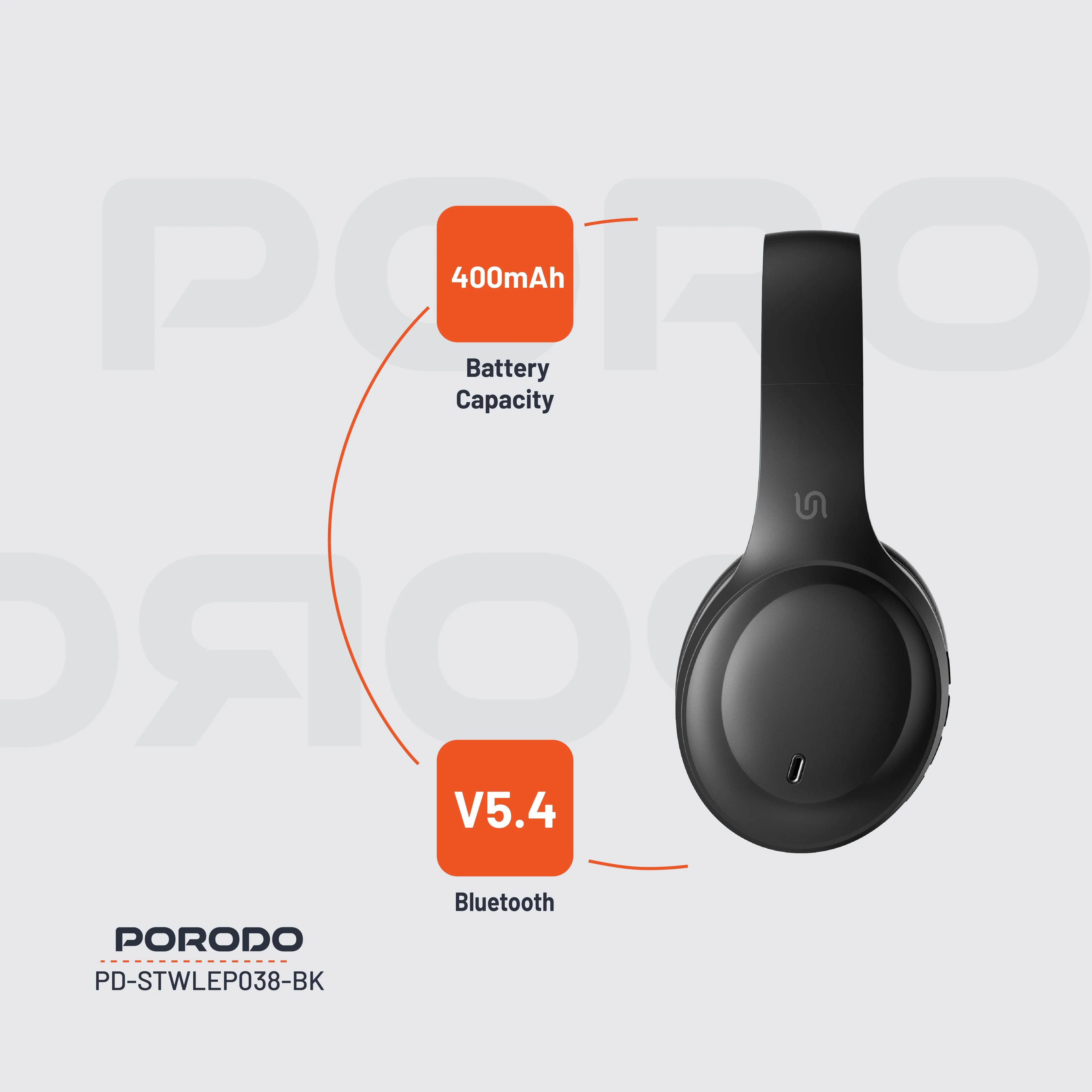 {PDSTWLEP038BK} Porodo Soundtec Wireless Headphones - Black