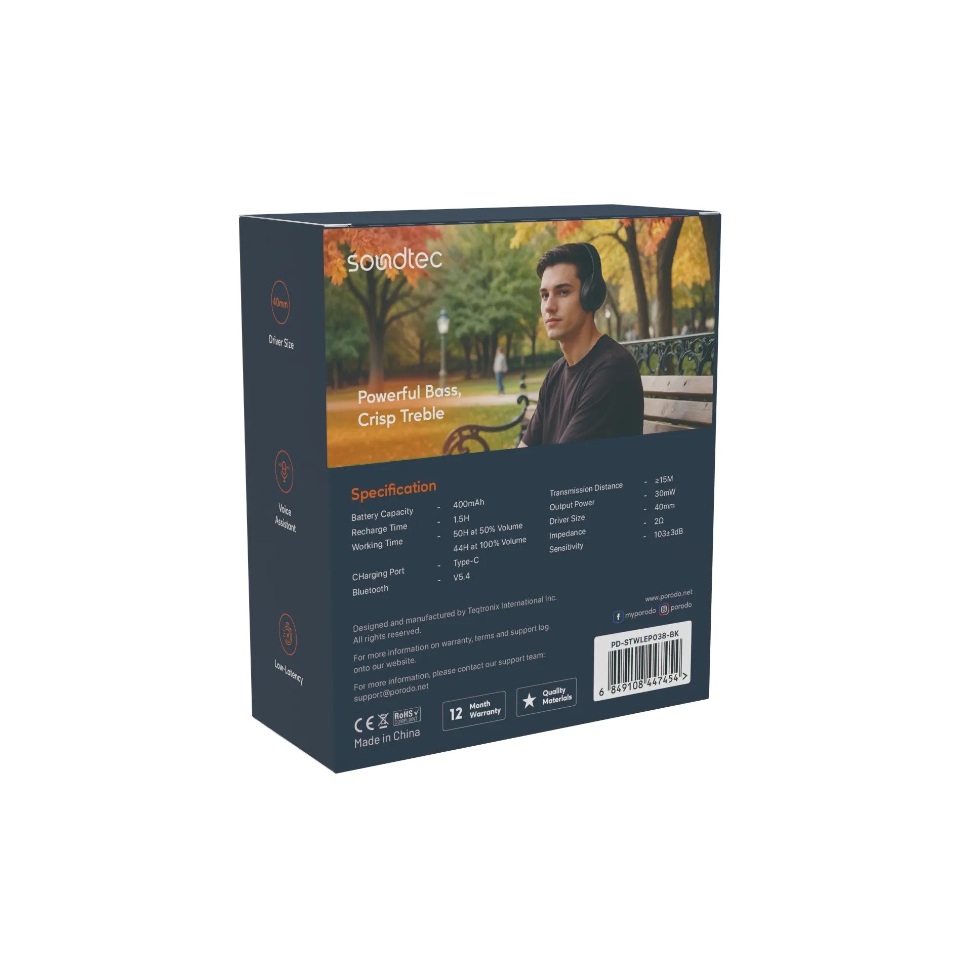 {PDSTWLEP038BK} Porodo Soundtec Wireless Headphones - Black