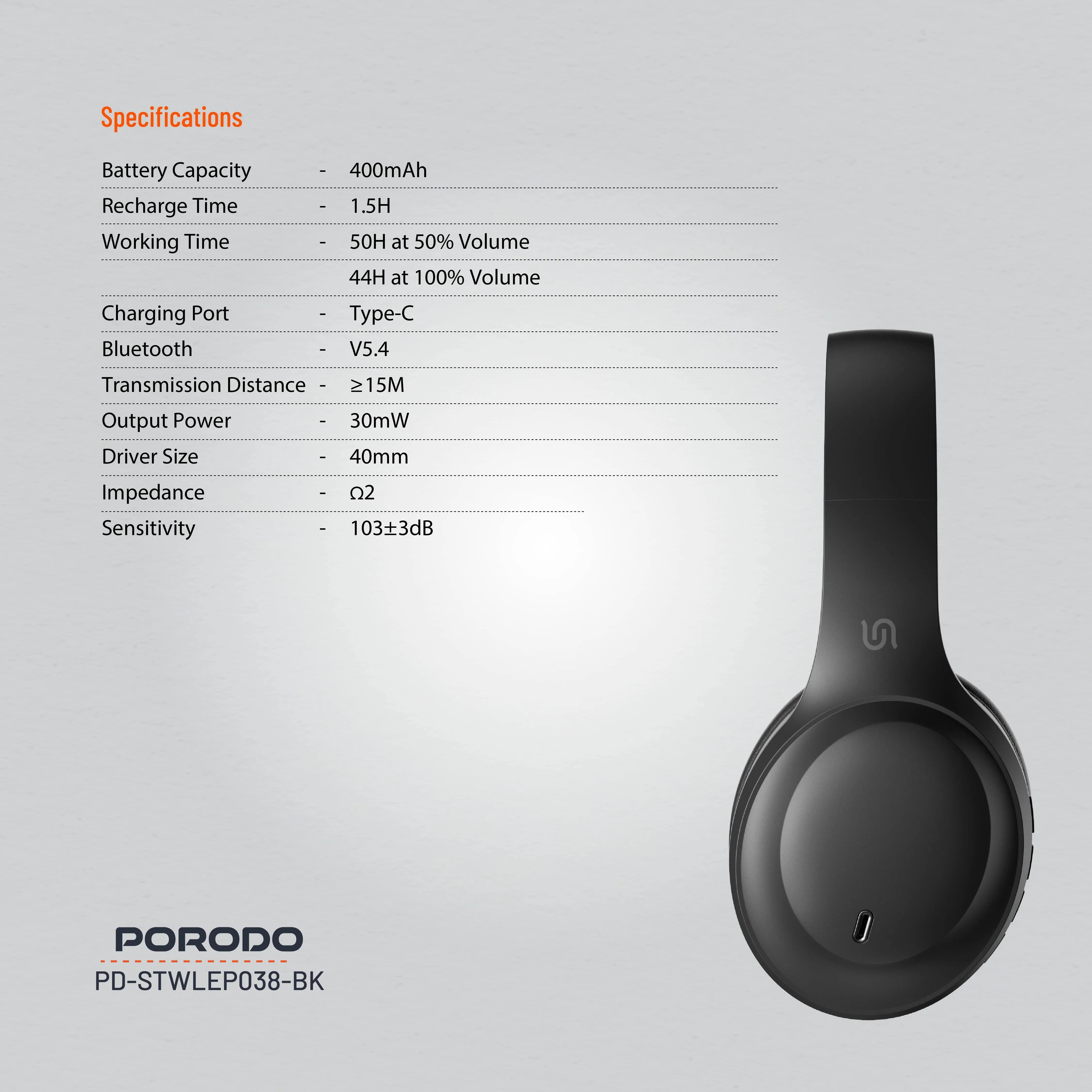 {PDSTWLEP038BK} Porodo Soundtec Wireless Headphones - Black