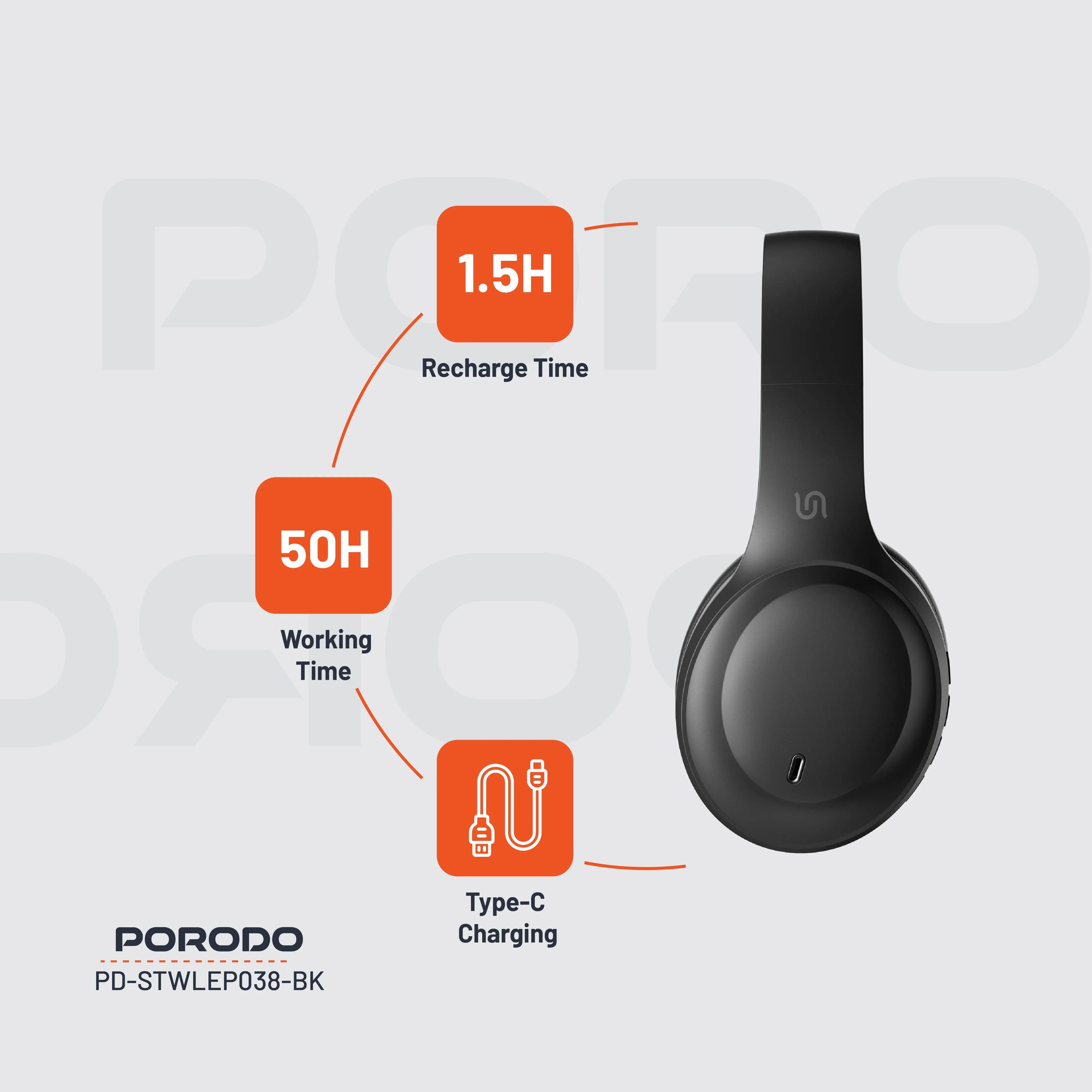 {PDSTWLEP038BK} Porodo Soundtec Wireless Headphones - Black