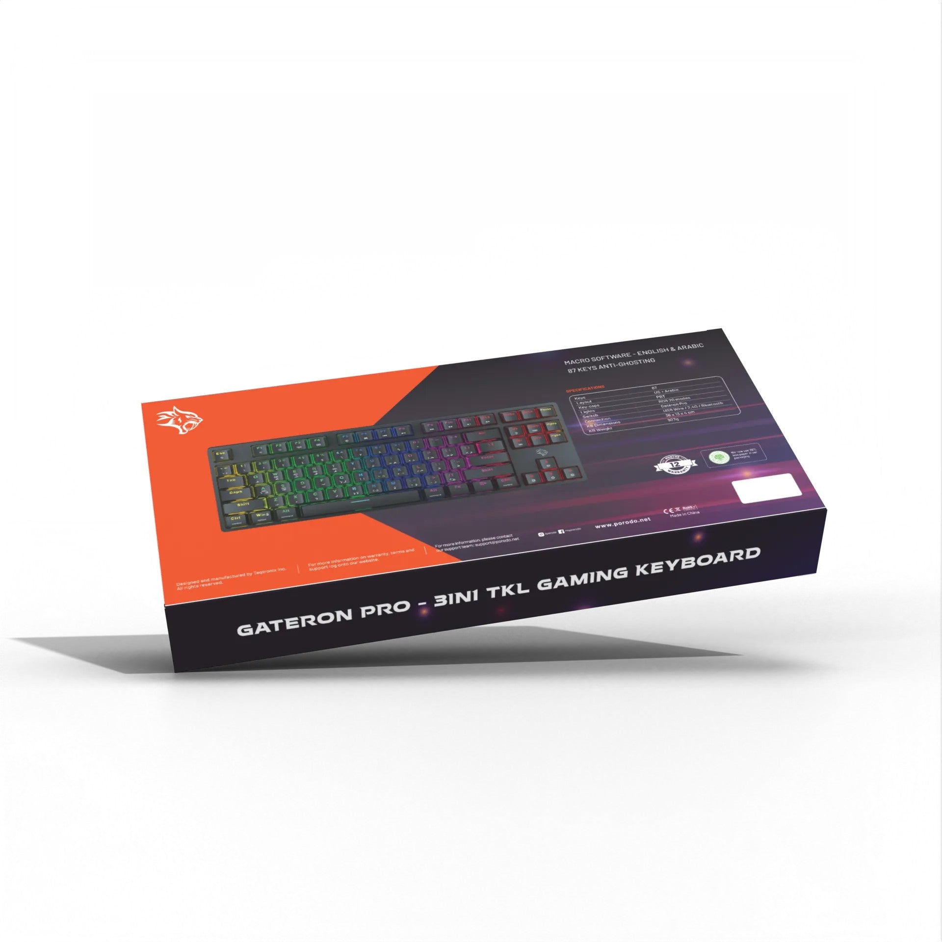 {PDX220-RSW} Porodo Gaming 3in1 Wireless Mechanical Keyboard TKL Gateron Pro Switch (Red) - Black