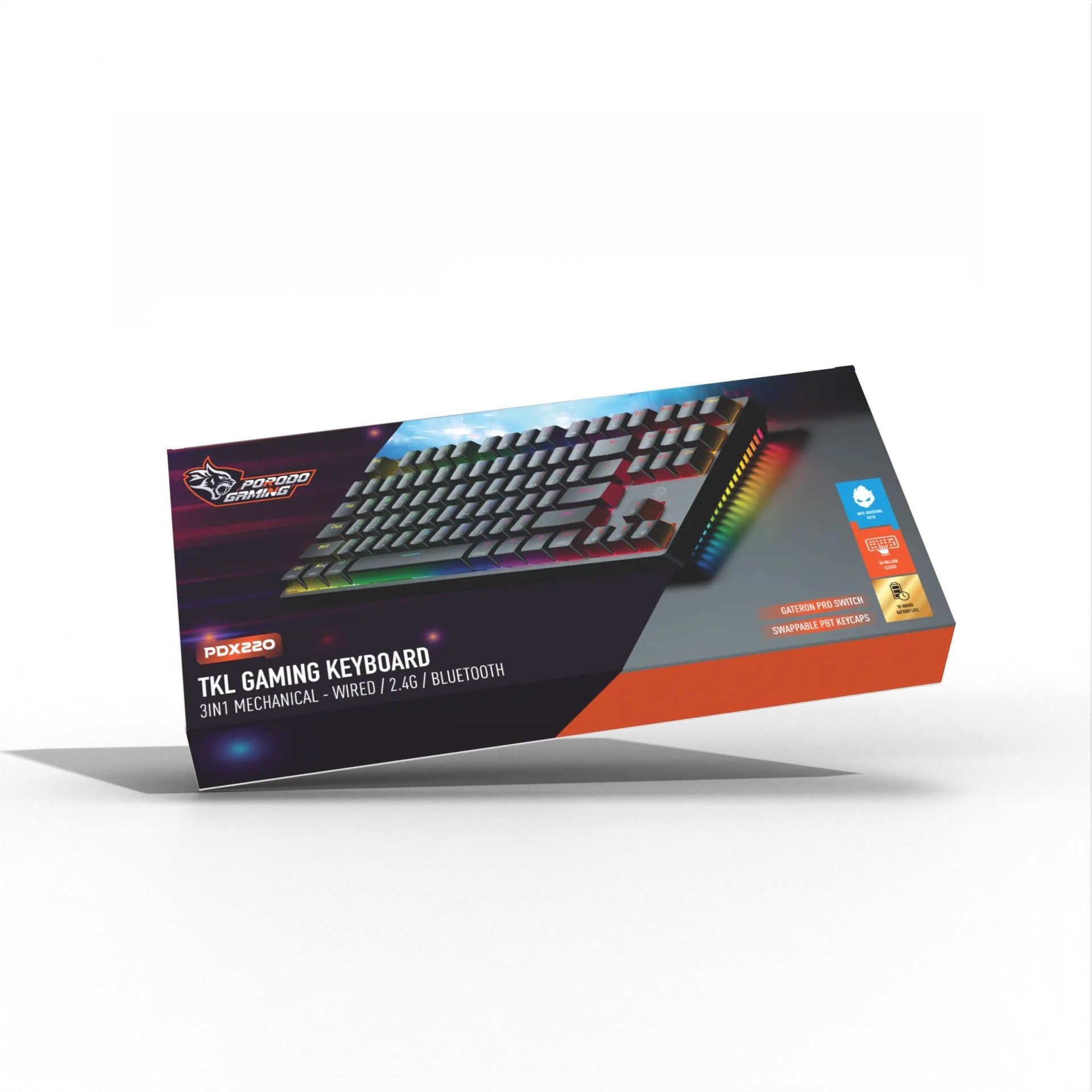 {PDX220-RSW} Porodo Gaming 3in1 Wireless Mechanical Keyboard TKL Gateron Pro Switch (Red) - Black