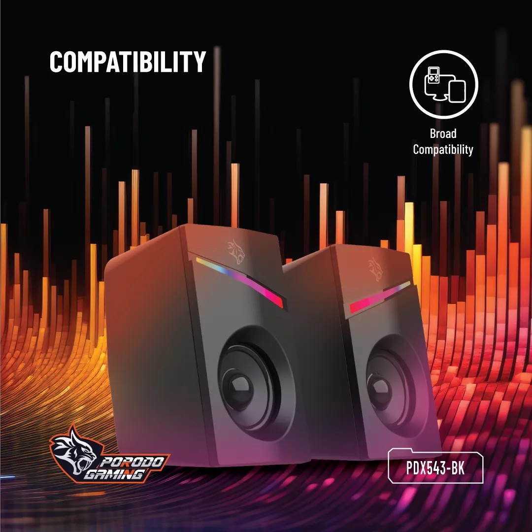 {PDX543-BK} Porodo Gaming Speakers Wired 1.1m RGB - Black