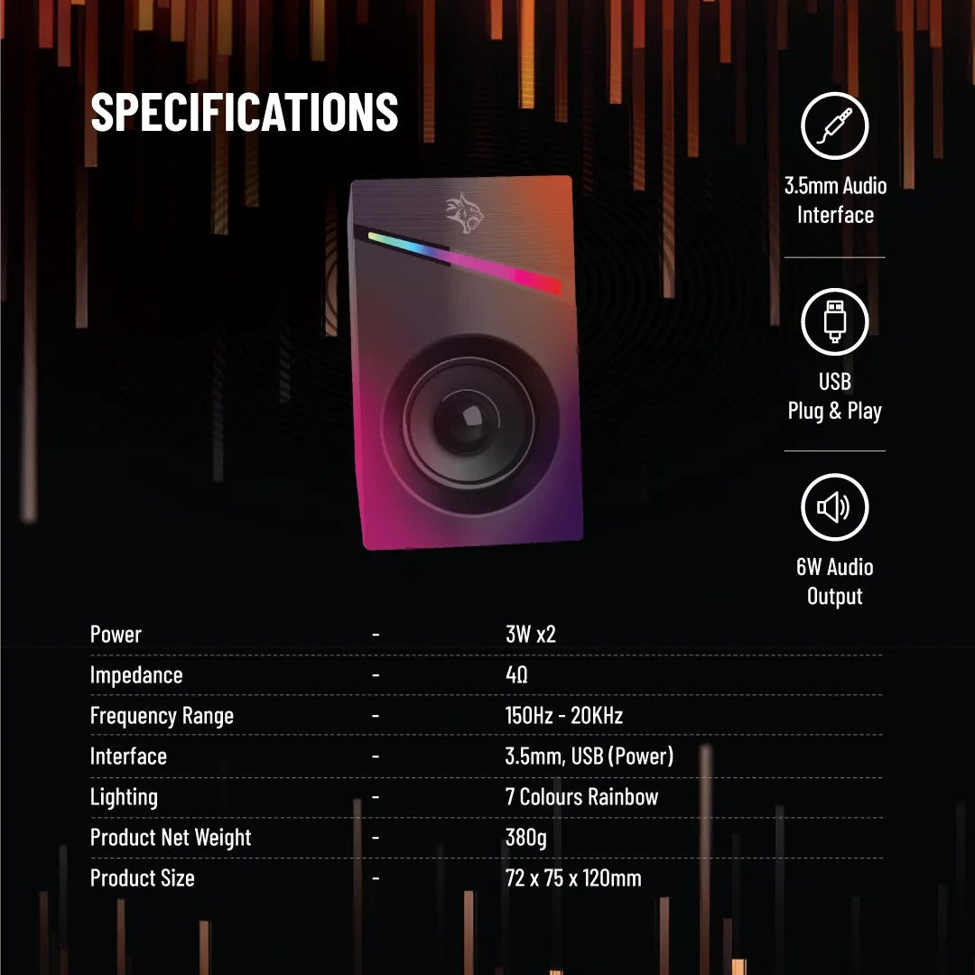 {PDX543-BK} Porodo Gaming Speakers Wired 1.1m RGB - Black