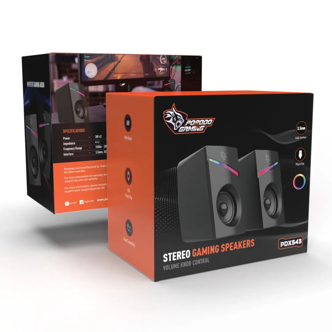 {PDX543-BK} Porodo Gaming Speakers Wired 1.1m RGB - Black