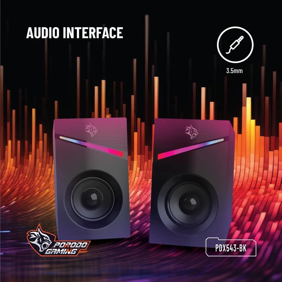{PDX543-BK} Porodo Gaming Speakers Wired 1.1m RGB - Black