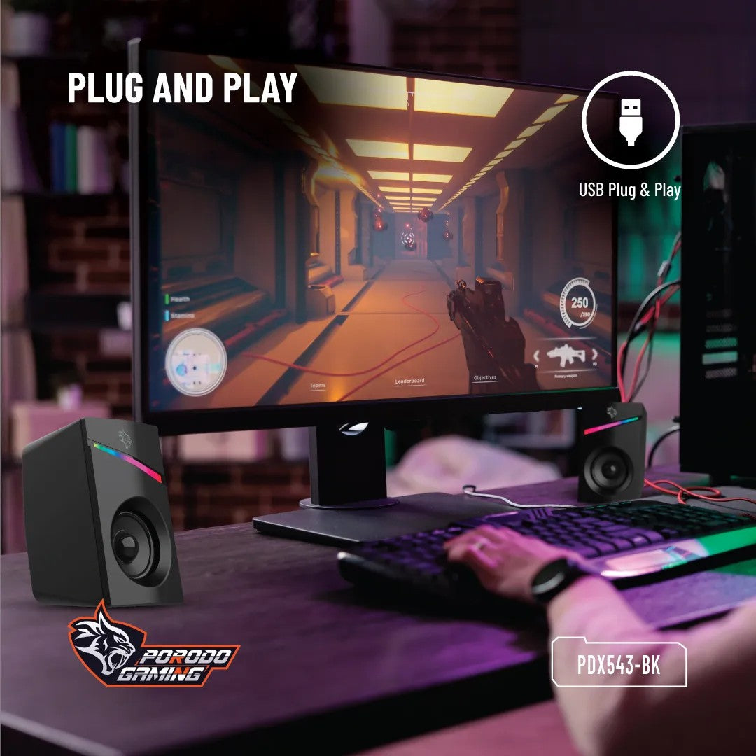 {PDX543-BK} Porodo Gaming Speakers Wired 1.1m RGB - Black